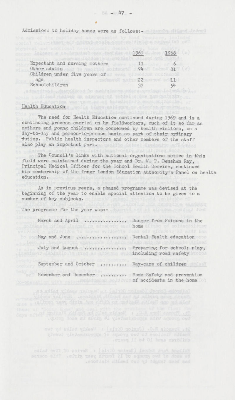 - 47 - Admissions to holiday homes were as follows:- 1969 1968 Expectant and nursing mothers 11 6 Other adults 74 81 Children under five years of age 22 11 Schoolchildren 37 54 Health Education The need for Health Education continued during 1969 is a continuing process carried on by fieldworkers, much of it so far as mothers and young children are concerned by health visitors, on a day-to-day and person-to-person basis as part of their ordinary -duties. Public health inspectors and other members of the staff also play an important part. The Council's links with national organisations active in this field were maintained during the year and Dr. W. T. Densham Ray, Principal Medical Officer for the School Health Service, continued his membership of the Inner London Education Authority's Panel on health education. As in previous years, a phased programme was devised at the beginning of the year to enable special attention to be given to a number of key subjects. The programme for the year was:- March and April Danger from Poisons in the home May and June Dental Health education July and August Preparing for school; play, including road safety September and October Day-care of children November and December Home Safety and prevention of accidents in the home