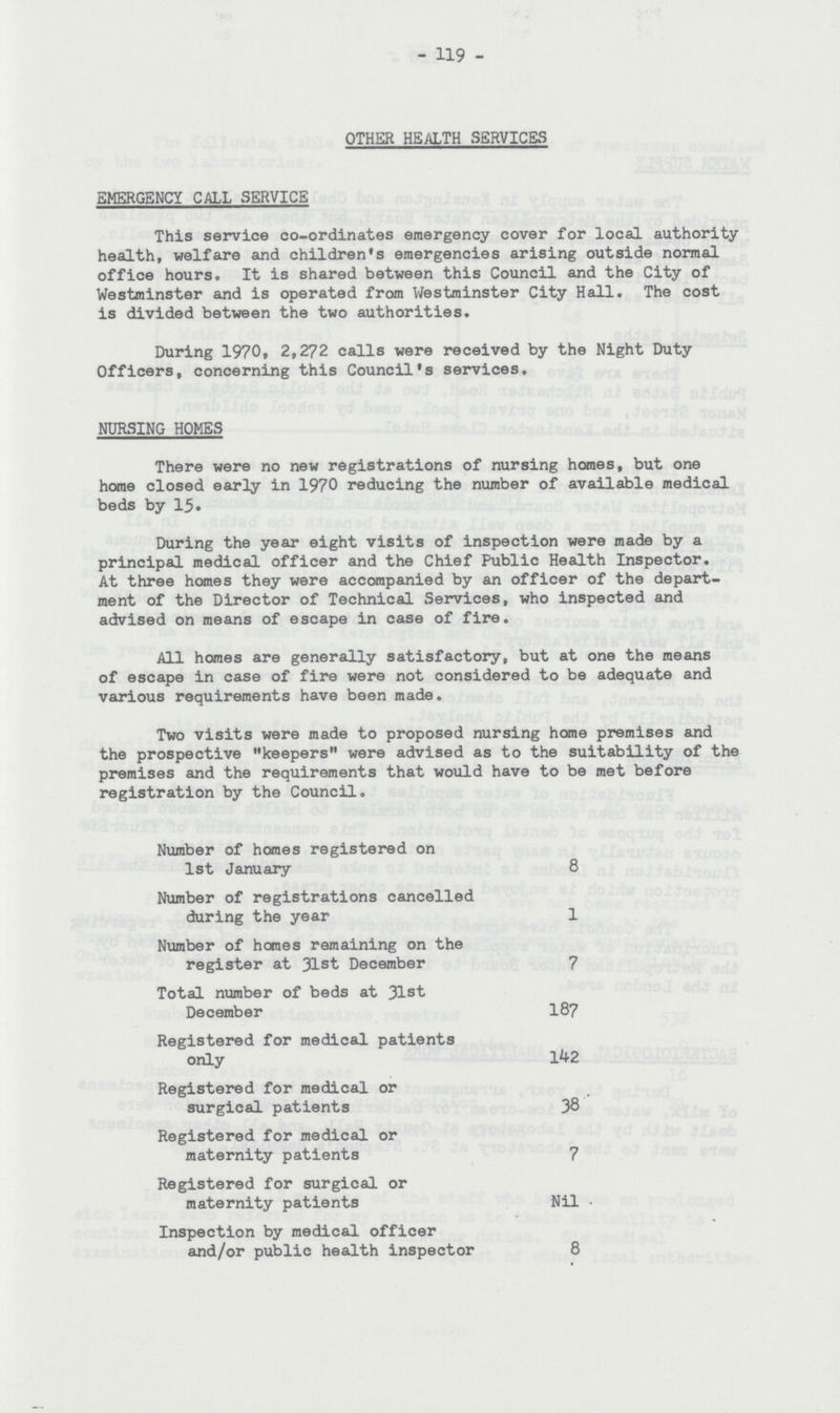 - 119 - OTHER HEALTH SERVICES EMERGENCY CALL SERVICE This service co-ordinates emergency cover for local authority health, welfare and children's emergencies arising outside normal office hours. It is shared between this Council and the City of Westminster and is operated from Westminster City Hall. The cost is divided between the two authorities. During 1970, 2,272 calls were received by the Night Duty Officers, concerning this Council's services. NURSING HOMES There were no new registrations of nursing homes, but one home closed early in 1970 reducing the number of available medical beds by 15. During the year eight visits of inspection were made by a principal medical officer and the Chief Public Health Inspector. At three homes they were accompanied by an officer of the depart ment of the Director of Technical Services, who inspected and advised on means of escape in case of fire. All homes are generally satisfactory, but at one the means of escape in case of fire were not considered to be adequate and various requirements have been made. Two visits were made to proposed nursing home premises and the prospective keepers were advised as to the suitability of the premises and the requirements that would have to be met before registration by the Council. Number of homes registered on 1st January 8 Number of registrations cancelled during the year 1 Number of homes remaining on the register at 31st December 7 Total number of beds at 31st December 187 Registered for medical patients only 142 Registered for medical or surgical patients 38 Registered for medical or maternity patients 7 Registered for surgical or maternity patients Nil Inspection by medical officer and/or public health inspector 8