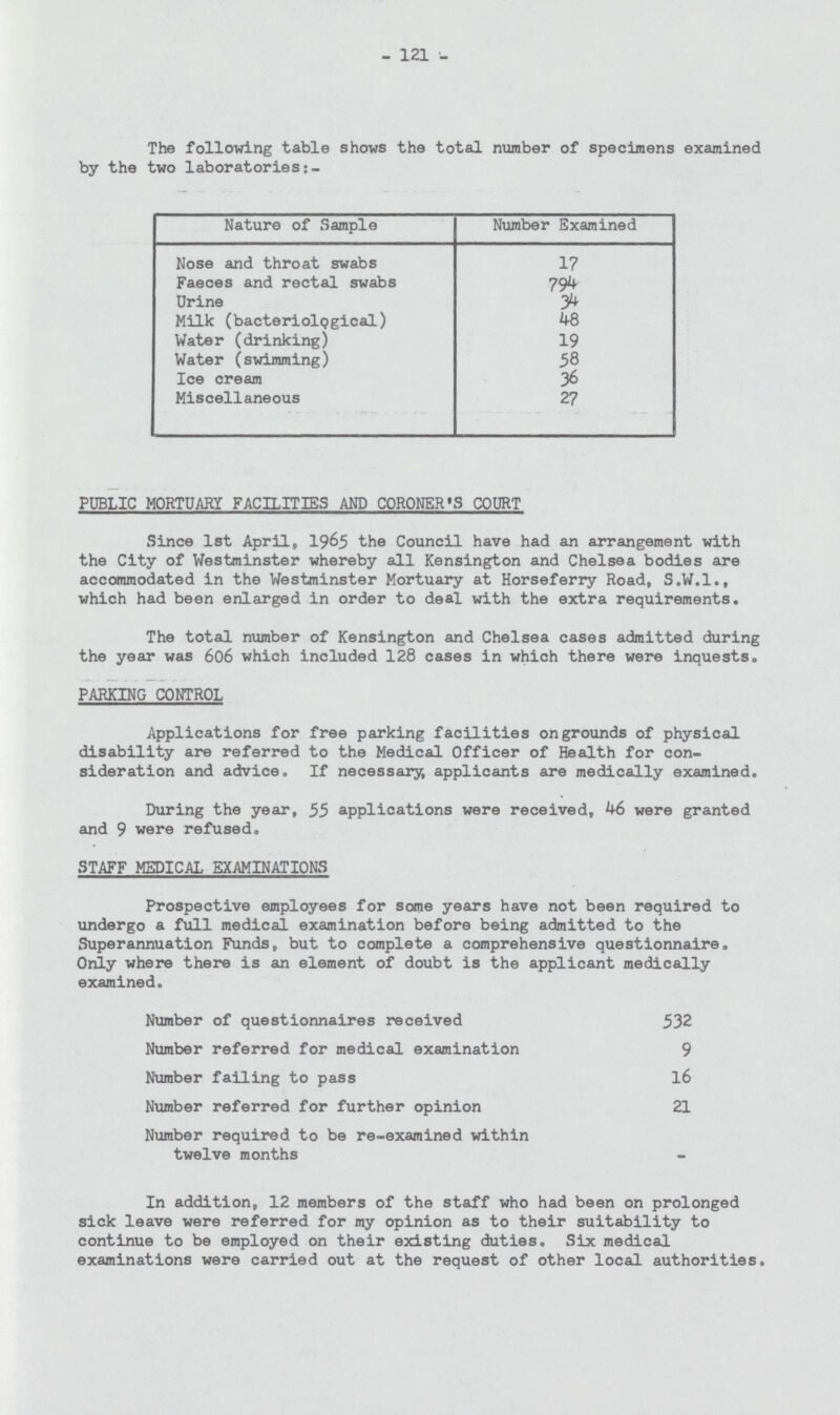 - 121 - The following table shows the total number of specimens examined by the two laboratories:- Nature of Sample Number Examined Nose and throat swabs 17 Faeces and rectal swabs 794 Urine 34 Milk (bacteriological) 48 Water (drinking) 19 Water (swimming) 58 Ice cream 36 Miscellaneous 27 PUBLIC MORTUARY FACILITIES AND CORONER'S COURT Since 1st April, 1965 the Council have had an arrangement with the City of Westminster whereby all Kensington and Chelsea bodies are accommodated in the Westminster Mortuary at Horseferry Road, S.W.I., which had been enlarged in order to deal with the extra requirements. The total number of Kensington and Chelsea cases admitted during the year was 606 which included 128 cases in which there were inquests, PARKING CONTROL Applications for free parking facilities on grounds of physical disability are referred to the Medical Officer of Health for con sideration and advice. If necessary, applicants are medically examined. During the year, 55 applications were received, 46 were granted and 9 were refused. STAFF MEDICAL EXAMINATIONS Prospective employees for some years have not been required to undergo a full medical examination before being admitted to the Superannuation Funds, but to complete a comprehensive questionnaire. Only where there is an element of doubt is the applicant medically examined. Number of questionnaires received 532 Number referred for medical examination 9 Number failing to pass 16 Number referred for further opinion 21 Number required to be re-examined within twelve months - In addition, 12 members of the staff who had been on prolonged sick leave were referred for my opinion as to their suitability to continue to be employed on their existing duties. Six medical examinations were carried out at the request of other local authorities.