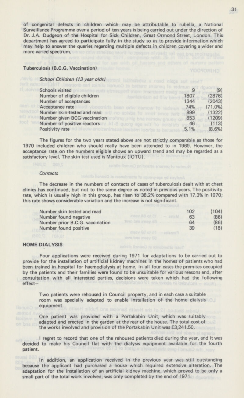 31 of congenital defects in children which may be attributable to rubella, a National Surveillance Programme over a period of ten years is being carried out under the direction of Dr. J.A. Dudgeon of the Hospital for Sick Children, Great Ormond Street, London. This department has agreed to participate fully in the study so as to provide information which may help to answer the queries regarding multiple defects in children covering a wider and more varied spectrum. Tuberculosis (B.C.G. Vaccination) School Children (13 year olds) Schools visited 9 (9) Number of eligible children 1807 (2876) Number of acceptances 1344 (2043) Acceptance rate 74% (71.0%) Number skin-tested and read 899 (1322) Number given BCG vaccination 853 (1209) Number of positive reactors 46 (113) Positivity rate 5.1% (8.6%) The figures for the two years stated above are not strictly comparable as those for 1970 included children who should really have been attended to in 1969. However, the acceptance rate on the numbers eligible shows an upward trend and may be regarded as a satisfactory level. The skin test used is Mantoux (IOTU). Contacts The decrease in the numbers of contacts of cases of tuberculosis dealt with at chest clinics has continued, but not to the same degree as noted in previous years. The positivity rate, which is usually high in this group, has risen to 38.2% compared with 17.3% in 1970; this rate shows considerable variation and the increase is not significant. Number skin tested and read 102 (104) Number found negative 63 (86) Number prior B.C.G. vaccination 64 (86) Number found positive 39 (18) HOME DIALYSIS Four applications were received during 1971 for adaptations to be carried out to provide for the installation of artificial kidney machines in the homes of patients who had been trained in hospital for haemodialysis at home. In all four cases the premises occupied by the patients and their families were found to be unsuitable for various reasons and, after consultation with all interested parties, decisions were taken which had the following effect- Two patients were rehoused in Council property, and in each case a suitable room was specially adapted to enable installation of the home dialysis equipment. One patient was provided with a Portakabin Unit, which was suitably adapted and erected in the garden at the rear of the house. The total cost of the works involved and provision of the Portakabin Unit was £3,241.50. I regret to record that one of the rehoused patients died during the year, and it was decided to make his Council flat with the dialysis equipment available for the fourth patient. In addition, an application received in the previous year was still outstanding because the applicant had purchased a house which required extensive alteration. The adaptation for the installation of an artificial kidney machine, which proved to be only a small part of the total work involved, was only completed by the end of 1971.