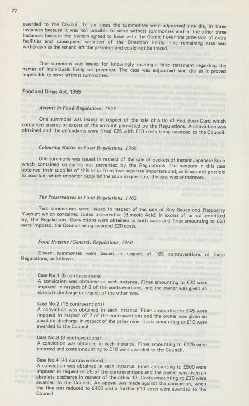 72 awarded to the Council. In six cases the summonses were adjourned sine die, in three instances because it was not possible to serve witness summonses and in the other three instances because the owners agreed to liaise with the Council over the provision of extra facilities and subsequent variation of the Direction limits. The remaining case was withdrawn as the tenant left the premises and could not be traced. One summons was issued for knowingly making a false statement regarding the names of individuals living on premises. The case was adjourned sine die as it proved impossible to serve witness summonses. Food and Drugs Act, 1955 Arsenic in Food Regulations, 1959 One summons was issued in respect of the sale of a tin of Red Bean Curd which contained arsenic in excess of the amount permitted by the Regulations. A conviction was obtained and the defendants were fined £25 with £10 costs being awarded to the Council. Colouring Matter in Food Regulations, 1966 One summons was issued in respect of the sale of packets of instant Japanese Soup which contained colouring not permitted by the Regulations. The vendors in this case obtained their supplies of this soup from two separate importers and, as it was not possible to ascertain which importer supplied the soup in question, the case was withdrawn. The Preservatives in Food Regulations, 1962 Two summonses were issued in respect of the sale of Soy Sauce and Raspberry Yoghurt which contained added preservative (Benzoic Acid) in excess of, or not permitted by, the Regulations. Convictions were obtained in both cases and fines amounting to £60 were imposed, the Council being awarded £20 costs. Food Hygiene (General) Regulations, 1960 Eleven summonses were issued in respect of 165 contraventions of these Regulations, as follows:— Case No.1 (5 contraventions) A conviction was obtained in each instance. Fines amounting to £20 were imposed in respect of 3 of the contraventions, and the owner was given an absolute discharge in respect of the other two. Case No.2 (16 contraventions) A conviction was obtained in each instance. Fines amounting to £45 were imposed in respect of 7 of the contraventions and the owner was given an absolute discharge in respect of the other nine. Costs amounting to £10 were awarded to the Council. Case No.3 (9 contraventions) A conviction was obtained in each instance. Fines amounting to £225 were imposed and costs amounting to £10 were awarded to the Council. Case No.4 (41 contraventions) A conviction was obtained in each instance. Fines amounting to £500 were imposed in respect of 28 of the contraventions and the owner was given an absolute discharge in respect of the other 13. Costs amounting to £30 were awarded to the Council. An appeal was made against the conviction, when the fine was reduced to £400 and a further £10 costs were awarded to the Council.