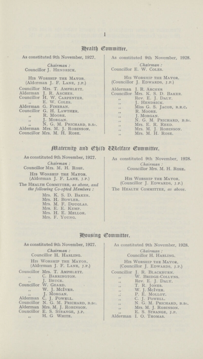 1 Health Committee. As constituted 9th November, 1927. As constituted 9th November, 1928. Chairman : Chairman : Councillor J. Hendrick. Councillor E. W. Coles. His Worship the Mayor. His Worship the Mayor. (Alderman J. F. Lane,J.P.) (Councillor J. Edwards,J.P.) Councillor Mrs. T. Amphlett. Alderman J. R. Archer Alderman J. R. Archer. Councillor Mrs. K. S. D. Baker. Councillor H. W. Carpenter. „ Rev. E. J. Daly. „ E. W. Coles. „ J. Hendrick. Alderman G. Fineran. „ Miss G. S. Jacob, R.R.C. Councillor G. H. Lawther. „ R. Moore. „ R. Moore. „ J. Morgan. „ J. Morgan. „ N. G. M. Prichard, b.sc. „ N. G. M. Prichard, b.sc. „ Mrs. E. R. Reed. Alderman Mrs. M. J. Robinson. ,, Mrs. M. J. Robinson. Councillor Mrs. M. H. Rose. „ Mrs. M. H. Rose. Maternity and Child Welface Committee. As constituted 9th November, 1927. As constituted 9th November, 1928. Chairman : Chairman : Councillor Mrs. M. H. Rose. Councillor Mrs. M. H. Rose. His Worship the Mayor. (Alderman J. F. Lane, J.P.) His Worship the Mayor. The Health Committee, as above, and (Councillor J. Edwards,J.P.) the following Co-opted Members : The Health Committee, as above. Mrs. K. S. D. Baker. Mrs. H. Bowler. Mrs. M. F. Douglas. Mr9. E. E. Kemp. Mrs. H. E. Mellor. Mrs. F. Young. Housing Committee. As constituted 9th November, 1927. As constituted 9th November, 1928. Chairman : Chairman : Councillor H. Harling. Councillor H. Harling. His Worship the Mayor. His Worship the Mayor. (Alderman J. F. Lane, j.p.) (Councillor J. Edwards, j.p.) Councillor Mrs. T. Amphlett. Councillor J. R. Blackburn. „ C. Barrington. „ W. Bridge-Collyns. „ J. Bruce. „ Rev. E. J. Daly. Councillor W. Geard. „ T. R. Jones. „ W. J. McIver. „ W. J. McIver. „ J. Morgan. „ P. E. Molloy. Alderman C. J. Powell. „ C. J. Powell. Councillor N. G. M. Prichard, b.sc. „ N. G. M. Prichard, b.sc. Alderman Mrs. M. J. Robinson. „ Mrs. M. J. Robinson. Councillor E. S. Strange, j.p. „ E. S. Strange, j.p. „ H. G White. Alderman I. O. Thomas.