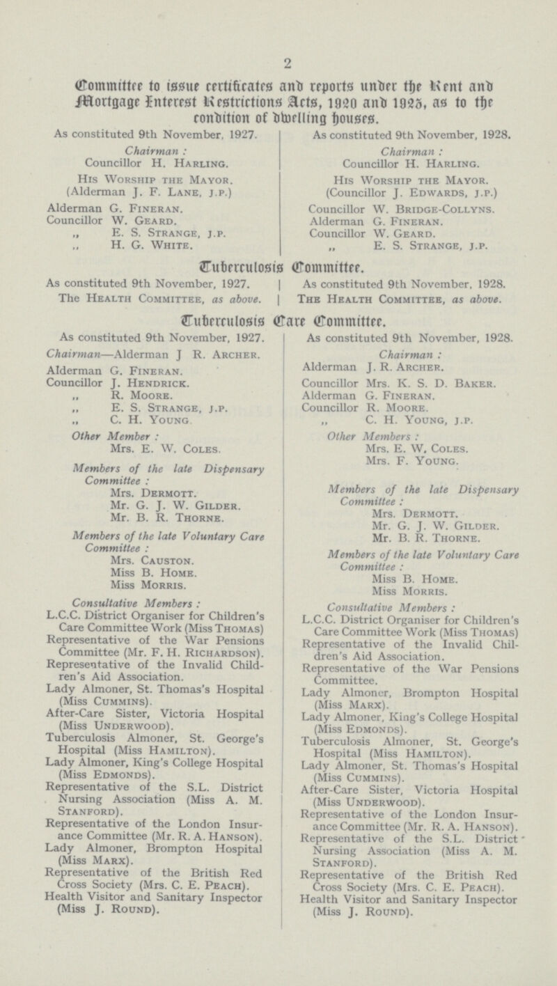 2 Committee to issue certificates and reports under the Rent and Mortgage Interest Restrictions Acts,1920 and 1925, as to the condition of bwelling houses. As constituted 9th November, 1927. As constituted 9th November, 1928. Chairman : Chairman : Councillor H. Harling. Councillor H. Harling. His Worship the Mayor. His Worship the Mayor. (Alderman J. F. Lane, j.p.) (Councillor J. Edwards, j.p.) Alderman G. Fineran. Councillor W. Bridge-Collyns. Councillor W. Geard. Alderman G. Fineran. „ E. S. Strange, j.p. Councillor W. Geard. H. G. White. „ E. S. Strange, j.p. Tuberculosis Committee. As constituted 9th November, 1927. | As constituted 9th November, 1928. The Health Committee, as above. | The Health Committee, as above. Tuberculosis Care Committee. As constituted 9th November, 1927. As constituted 9th November, 1928. Chairman—Alderman J R. Archer. Chairman : Alderman G. Fineran. Alderman J. R. Archer. Councillor J. Hendrick. Councillor Mrs. K. S. D. Baker. „ R. Moore. Alderman G. Fineran. „ E. S. Strange, j.p. Councillor R. Moore. C. H. Young C. H. Young, j.p. Other Member : Other Members : Mrs. E. W. Coles. Mrs. E. W. Coles. Mrs. F. Young. Members of the late Dispensary Committee: Members of the late Dispensary Mrs. Dermott Mr. G. J. W. Gilder. Mr. B.R.Thorne. Committee: Mr. Dermott. Mr. G. J. W. Gilder. Members of the late Voluntary Care Mr. B. R. Thorne. Committee . Members of the late Voluntary Care Mrs. Causton. Committee : Miss B Home. Miss B. Home. Miss Morris. Miss Morris. Consultative Members : Consultative Members : L.C.C. District Organiser for Children's L.C.C. District Organiser for Children's Care Committee Work (Miss Thomas) Care Committee Work (Miss Thomas) Representative of the War Pensions Representative of the Invalid Chil- Committee (Mr. F. H. Richardson). dren's Aid Association. Representative of the Invalid Child- Representative of the War Pensions ren's Aid Association. Committee. Lady Almoner, St. Thomas's Hospital Lady Almoner, Brompton Hospital (Miss Cummins). (Miss Marx). After-Care Sister, Victoria Hospital Lady Almoner, King's College Hospital (Miss Underwood). (Miss Edmonds). Tuberculosis Almoner, St. George's Tuberculosis Almoner, St. George's Hospital (Miss Hamilton). Hospital (Miss Hamilton). Lady Almoner, King's College Hospital Lady Almoner, St. Thomas's Hospital (Miss Edmonds). (Miss Cummins). Representative of the S.L. District After-Care Sister, Victoria Hospital Nursing Association (Miss A. M. (Miss Underwood). Stanford). Representative of the London Insur- Representative of the London Insur- anceCommittee (Mr. R. A. Hanson). ance Committee (Mr. R. A. Hanson). Representative of the S.L. District Lady Almoner, Brompton Hospital Nursing Association (Miss A. M. (Miss Marx). Stanford). Representative of the British Red Representative of the British Red Cross Society (Mrs. C. E. Peach). Cross Society (Mrs. C. E. Peach). Health Visitor and Sanitary Inspector Health Visitor and Sanitary Inspector (Miss J. Round). (Miss J. Round).
