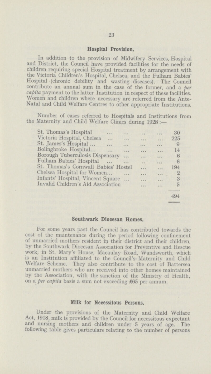 23 Hospital Provision. In addition to the provision of Midwifery Services, Hospital and District, the Council have provided facilities for the needs of children requiring special Hospital treatment by arrangement with the Victoria Children's Hospital, Chelsea, and the Fulham Babies' Hospital (chronic debility and wasting diseases). The Council contribute an annual sum in the case of the former, and a per capita payment to the latter Institution in respect of these facilities. Women and children where necessary are referred from the Ante Natal and Child Welfare Centres to other appropriate Institutions. Number of cases referred to Hospitals and Institutions from the Maternity and Child Welfare Clinics during 1928:— St. Thomas's Hospital 30 Victoria Hospital, Chelsea 225 St. James's Hospital 9 Bolingbroke Hospital 14 Borough Tuberculosis Dispensary 6 Fulham Babies' Hospital 6 St. Thomas's Cornwall Babies' Hostel 194 Chelsea Hospital for Women 2 Infants' Hospital, Vincent Square 3 Invalid Children's Aid Association 5 494 Southwark Diocesan Homes. For some years past the Council has contributed towards the cost of the maintenance during the period following confinement of unmarried mothers resident in their district and their children, by the Southwark Diocesan Association for Preventive and Rescue work, in St. Mary's House, Macaulay Road, Wandsworth, which is an Institution affiliated to the Council's Maternity and Child Welfare Scheme. They also contribute to the cost of Battersea unmarried mothers who are received into other homes maintained by the Association, with the sanction of the Ministry of Health, on a per capita basis a sum not exceeding £65 per annum. Milk for Necessitous Persons. Under the provisions of the Maternity and Child Welfare Act, 1918, milk is provided by the Council for necessitous expectant and nursing mothers and children under 5 years of age. The following table gives particulars relating to the number of persons