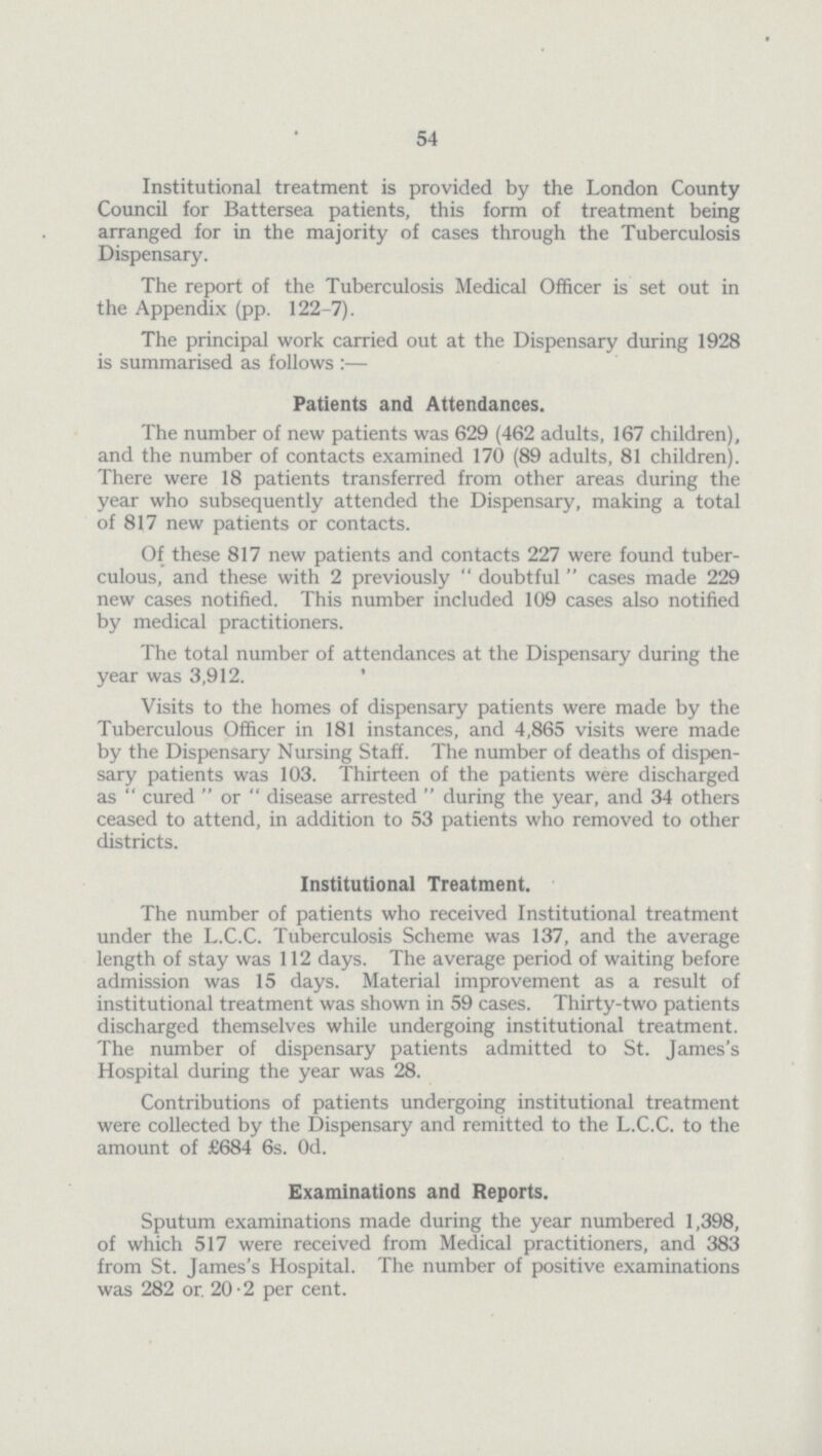 54 Institutional treatment is provided by the London County Council for Battersea patients, this form of treatment being arranged for in the majority of cases through the Tuberculosis Dispensary. The report of the Tuberculosis Medical Officer is set out in the Appendix (pp. 122-7). The principal work carried out at the Dispensary during 1928 is summarised as follows:— Patients and Attendances. The number of new patients was 629 (462 adults, 167 children), and the number of contacts examined 170 (89 adults, 81 children). There were 18 patients transferred from other areas during the year who subsequently attended the Dispensary, making a total of 817 new patients or contacts. Of these 817 new patients and contacts 227 were found tuber culous, and these with 2 previously doubtful cases made 229 new cases notified. This number included 109 cases also notified by medical practitioners. The total number of attendances at the Dispensary during the year was 3,912. Visits to the homes of dispensary patients were made by the Tuberculous Officer in 181 instances, and 4,865 visits were made by the Dispensary Nursing Staff. The number of deaths of dispen sary patients was 103. Thirteen of the patients were discharged as cured or disease arrested during the year, and 34 others ceased to attend, in addition to 53 patients who removed to other districts. Institutional Treatment. The number of patients who received Institutional treatment under the L.C.C. Tuberculosis Scheme was 137, and the average length of stay was 112 days. The average period of waiting before admission was 15 days. Material improvement as a result of institutional treatment was shown in 59 cases. Thirty-two patients discharged themselves while undergoing institutional treatment. The number of dispensary patients admitted to St. James's Hospital during the year was 28. Contributions of patients undergoing institutional treatment were collected by the Dispensary and remitted to the L.C.C. to the amount of £684 6s. Od. Examinations and Reports. Sputum examinations made during the year numbered 1,398, of which 517 were received from Medical practitioners, and 383 from St. James's Hospital. The number of positive examinations was 282 or. 20.2 per cent.