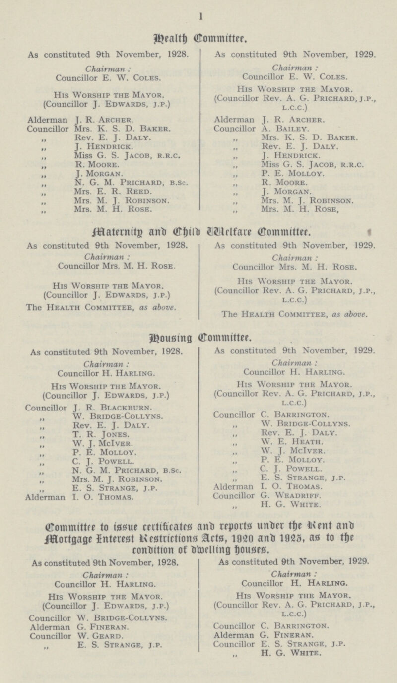 1 Health Committee. As constituted 9th November, 1928. Chairman : Councillor E. W. Coles. His Worship the Mayor. (Councillor J. Edwards, j.p.) Alderman J. R. Archer Councillor Mrs. K. S. D. Baker. „ Rev. E. J. Daly. „ J. Hendrick. „ Miss G. S. Jacob, r.r.c. „ R. Moore. „ J. Morgan. „ N. G. M. Prichard, b.sc. „ Mrs. E. R. Reed. „ Mrs. M. J. Robinson. „ Mrs. M. H. Rose. As constituted 9th November, 1929. Chairman : Councillor E. W. Coles. His Worship the Mayor. (Councillor Rev. A. G. Prichard, j.p., l.c.c.) Alderman J. R. Archer. Councillor A. Bailey. „ Mrs. K. S. D. Baker. „ Rev. E. J. Daly. „ J. Hendrick. „ Miss G. S. Jacob, r.r.c. „ P. E. Molloy. ,, R. Moore. „ J. Morgan. „ Mrs. M. J. Robinson. „ Mrs. M. H. Rose, Maternity and Child Welfare Committee. As constituted 9th November, 1928. Chairman : Councillor Mrs. M. H. Rose. His Worship the Mayor. (Councillor J. Edwards, j.p.) The Health Committee, as above. As constituted 9th November, 1929. Chairman : Councillor Mrs. M. H. Rose. His Worship the Mayor. (Councillor Rev. A. G. Prichard, j.p., l.c.c.) The Health Committee, as above. Housing Committee. As constituted 9th November, 1928. Chairman : Councillor H. Harling. His Worship the Mayor. (Councillor J. Edwards, j.p.) Councillor J. R. Blackburn. „ W. Bridge-Collyns. „ Rev. E. J. Daly. „ T. R. Jones. „ W. J. Mciver. „ P. E. Molloy. C. J. Powell. N. G. M. Prichard, b.sc. „ Mrs. M. J. Robinson. ,, E. S. Strange, j.p. Alderman I. O. Thomas. As constituted 9th November, 1929. Chairman : Councillor H. Harling. His Worship the Mayor. (Councillor Rev. A. G. Prichard, j.p., l.c.c.) Councillor C. Barrington. ,, W. Bridge-Collyns. „ Rev. E. J. Daly. „ W. E. Heath. W. J. McIver. „ P. E. Molloy. „ C. J. Powell. „ E. S. Strange, j.p. Alderman I. O. Thomas. Councillor G. Weadriff. „ H. G. White. (Committee to issue certificates and reports under the Kent and Mortgage Interest Restrictions Acts, 1920 and 1923, as to the condition of dwelling houses. As constituted 9th November, 1928. Chairman : Councillor H. Harling. His Worship the Mayor. (Councillor J. Edwards, j.p.) Councillor W. Bridge-Collyns. Alderman G. Fineran. Councillor W. Geard. „ E. S. Strange, j.p. As constituted 9th November, I9J9. Chairman : Councillor H. Harling. His Worship the Mayor. (Councillor Rev. A. G. Prichard, j.p., l.c.c.) Councillor C. Barrington. Alderman G. Fineran. Councillor E. S. Strange, j.p. H. G. White.