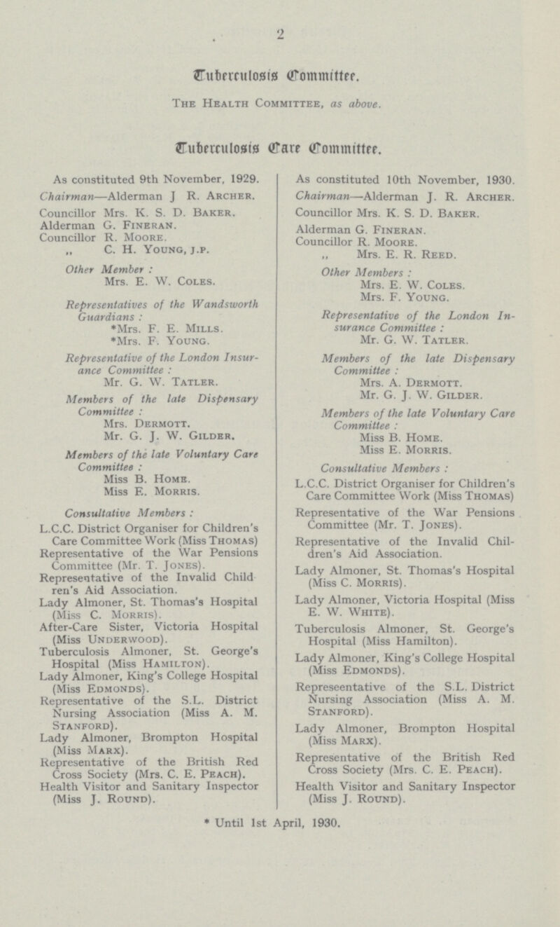 2 Tuberculosis Committee. The Health Committee, as above. Tuberculosis Care Committee. As constituted 9th November, 1929. Chairman—Alderman J R. Archer. Councillor Mrs. K. S. D. Baker. Alderman G. Fineran. Councillor R. Moore. „ C. H. Young, j.p. Other Member: Mrs. E. W. Coles. Representatives of the Wandsworth Guardians:Mrs. F. E. Mills. * Mrs. F. Young. * Representative of the London Insur ance Committee: Mr. G. W. Tatler. Members of the late Dispensary Committee: Mrs. Dermott. Mr. G. J. W. Gilder. Members of the late Voluntary Care Committee: Miss B. Home. Miss F. Morris. Consultative Members: L.C.C. District Organiser for Children's Care Committee Work (Miss Thomas) Representative of the War Pensions Committee (Mr. T. Jones). Representative of the Invalid Child ren's Aid Association. Lady Almoner, St. Thomas's Hospital (Miss C. Morris). After-Care Sister, Victoria Hospital (Miss Underwood). Tuberculosis Almoner, St. George's Hospital (Miss Hamilton). Lady Almoner, King's College Hospital (Miss Edmonds). Representative of the S. L. District Nursing Association (Miss A. M. Stanford). Lady Almoner, Brompton Hospital (Miss Marx). Representative of the British Red Cross Society (Mrs. C. E. Peach). Health Visitor and Sanitary Inspector (Miss J. Round). As constituted 10th November, 1930. Chairman—Alderman J. R. Archer. Councillor Mrs. K. S. D. Baker. Alderman G. Fineran. Councillor R. Moore. „ Mrs. E. R. Reed. Other Members: Mrs. E. W. Coles. Mrs. F. Young. Representative of the London In surance Committee: Mr. G. W. Tatler. Members of the late Dispensary Committee: Mrs. A. Dermott. Mr. G. J. W. Gilder. Members of the late Voluntary Care Committee: Miss B. Home. Miss E. Morris. Consultative Members: L.C.C. District Organiser for Children's Care Committee Work (Miss Thomas) Representative of the War Pensions Committee (Mr. T. Jones). Representative of the Invalid Chil dren's Aid Association. Lady Almoner, St. Thomas's Hospital (Miss C. Morris). Lady Almoner, Victoria Hospital (Miss E. W. White). Tuberculosis Almoner, St. George's Hospital (Miss Hamilton). Lady Almoner, King's College Hospital (Miss Edmonds). Represeentative of the S.L. District Nursing Association (Miss A. M. Stanford). Lady Almoner, Brompton Hospital (Miss Marx). Representative of the British Red Cross Society (Mrs. C. E. Peach). Health Visitor and Sanitary Inspector (Miss J. Round). * Until 1st April, 1930.