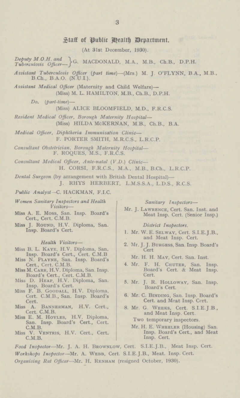 3 Staff of Public Health Department. (At 31st December, 1930). Deputy M. O. H. and Tuberculosis Officer— G. MACDONALD, M.A., M.B., Ch.B., D.P.H. Assistant Tuberculosis Officer(part time)—(Mrs.) M. T. O'FLYNN, B.A., MB., B Ch., B.A.O.(N.U.I.). Assistant Medical Officer(Maternity and Child Welfare)— (Miss) M. L. HAMILTON, M.B., Ch.B., D.P.H. Do. (part-time)— (Miss) ALICE BLOOMFIELD, M.D., F.R.C.S. Resident Medical Officer, Borough Maternity Hospital— (Miss) HILDA McKERNAN, M.B., Ch.B., B.A. Medical Officer, Diphtheria Immunisation Clinic— F. PORTER SMITH, M.R.C.S., L.R.C.P. Consultant Obstetrician, Borough Maternity Hospital— F. ROQUES, M.S., F.R.C.S. Consultant Medical Officer, Ante-natal (V.D.) Clinic— H. CORSI, F.R.C.S., M.A., M.B., B.Ch., L.R.C.P. Dental Surgeon (by arrangement with British Dental Hospital)— J. RHYS HERBERT, L.M.S.S.A., L.D.S., R.C.S. Public Analyst—C. HACKMAN, F.I.C. Women Sanitary Inspectors and Health Visitors— Miss A. E. Moss, San. Insp. Board's Cert., Cert. C.M.B. Miss J. Round, H.V. Diploma, San. Insp. Board's Cert. Health Visitors— Miss B. L. Kaye, H.V. Diploma, San. Insp. Board's Cert., Cert. C.M.B Miss N. Playne, San. Insp. Board's Cert., Cert. C.M.B. Miss M. Carr, H.V. Diploma, San. Insp. Board's Cert., Cert. C.M.B. Miss D. Heap, H.V. Diploma, San. Insp. Board's Cert. Miss F. B. Goodall, H.V. Diploma, Cert. C.M.B., San. Insp. Board's Cert. Miss A. Bannerman, H.V. Cert., Cert. C.M.B. Miss E. M. Hoyles, H.V. Diploma, San. Insp. Board's Cert., Cert. C.M.B. Miss V. Ventris, H.V. Cert., Cert. C.M.B. Sanitary Inspectors— Mr. J. Lawrence, Cert. San. Inst. and Meat Insp. Cert. (Senior Insp.) District Inspectors. 1. Mr. W. E. Selway, Cert. S.I.E.J.B., and Meat Insp. Cert. 2. Mr. J. J. Burgess, San. Insp. Board's Cert Mr. H. H. May, Cert. San. Inst. 4. Mr. F. H. Chuter, San. Insp. Board's Cert. & Meat Insp. Cert. 5. Mr. J. R. Holloway, San. Insp. Board's Cert. 6. Mr. C. Binding, San. Insp. Board's Cert. and Meat Insp. Cert. 8. Mr. G. Weeks, Cert. S.I.E.J.B, and Meat Insp. Cert. Two temporary inspectors. Mr. H. E. Wheeler (Housing) San. Insp. Board's Cert., and Meat Insp. Cert. Food Inspector—Mr. J. A. H. Brownlow, Cert. S.I.E.J.B., Meat Insp. Cert. Workshops Inspector—Mr. A. Webb, Cert. S.I.E.J.B., Meat. Insp. Cert. Organising Rat Officer—Mr. H. Renham (resigned October, 1930).