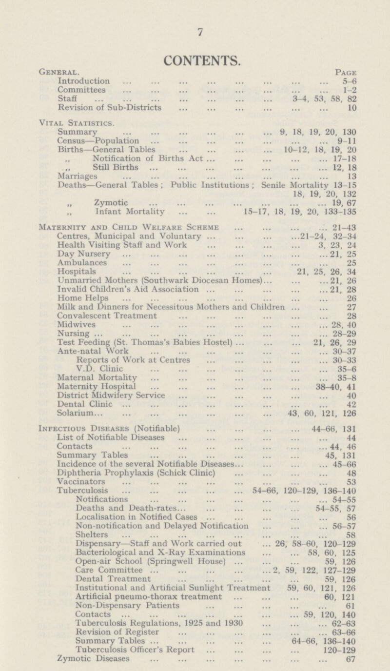 7 CONTENTS. General. Page Introduction 5-6 Committees 1-2 Staff 3-4, 53, 58, 82 Revision of Sub-Districts 10 Vital Statistics. Summary 9, 18, 19, 20, 130 Census—Population 9-11 Births—General Tables 10-12, 18, 19, 20 „ Notification of Births Act 17-18 „ Still Births 12, 18 Marriages 13 Deaths—General Tables ; Public Institutions ; Senile Mortality 13-15 18, 19, 20, 132 „ Zymotic 19, 67 „ Infant Mortality 15-17, 18, 19, 20, 133-135 Maternity and Child Welfare Scheme 21-43 Centres, Municipal and Voluntary 21-24, 32-34 Health Visiting Staff and Work 3, 23, 24 Day Nursery 21, 25 Ambulances 25 Hospitals 21, 25, 26, 34 Unmarried Mothers (Southwark Diocesan Homes) 21, 26 Invalid Children's Aid Association 21, 28 Home Helps 26 Milk and Dinners for Necessitous Mothers and Children 27 Convalescent Treatment 28 Midwives 28, 40 Nursing 28-29 Test Feeding (St. Thomas's Babies Hostel) 21, 26, 29 Ante-natal Work 30-37 Reports of Work at Centres 30-33 V.D. Clinic 35-6 Maternal Mortality 35-8 Maternity Hospital 38-40, 41 District Midwifery Service 40 Dental Clinic 42 Solarium 43, 60, 121, 126 Infectious Diseases (Notifiable) 44-66, 131 List of Notifiable Diseases 44 Contacts 44, 46 Summary Tables 45, 131 Incidence of the several Notifiable Diseases 45-66 Diphtheria Prophylaxis (Schick Clinic) 48 Vaccinators 53 Tuberculosis 54-66, 120-129, 136-140 Notifications 54-55 Deaths and Death-rates 54-55, 57 Localisation in Notified Cases 56 Non-notification and Delayed Notification 56-57 Shelters 58 Dispensary—Staff and Work carried out 26, 58-60, 120-129 Bacteriological and X-Ray Examinations 58, 60, 125 Open-air School (Springwell House) 59, 126 Care Committee 2, 59, 122, 127-129 Dental Treatment 59, 126 Institutional and Artificial Sunlight Treatment 59, 60, 121, 126 Artificial pneumo-thorax treatment 60, 121 Non-Dispensary Patients 61 Contacts 59, 120, 140 Tuberculosis Regulations, 1925 and 1930 62-63 Revision of Register 63-66 Summary Tables 64-66, 136-140 Tuberculosis Officer's Report 120-129 Zymotic Diseases 67