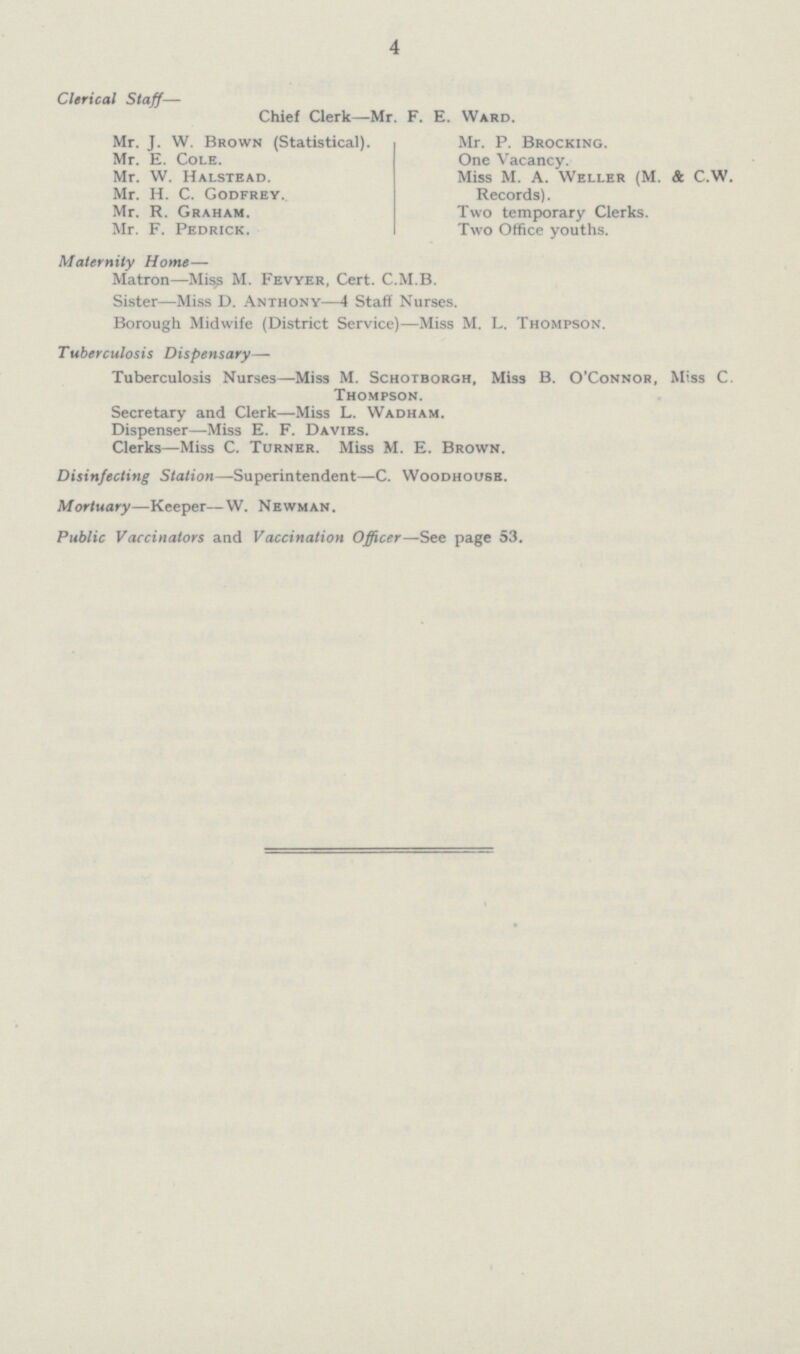 4 Clerical Staff— Chief Clerk—Mr. F. E. Ward. Mr. J. W. Brown (Statistical). Mr. P. Brocking. Mr. E. Cole. One Vacancy. Mr. W. Halstead. Miss M. A. Weller (M. & C.W. Mr. H. C. Godfrey. Records). Mr. R. Graham. Two temporary Clerks. Mr. F. Pedrick. Two Office youths. Maternity Home— Matron—Miss M. Fevyer, Cert. C.M.B. Sister—Miss D. Anthony—4 Staff Nurses. Borough Midwife (District Service)—Miss M. L. Thompson. Tuberculosis Dispensary— Tuberculosis Nurses—Miss M. Schotborgh, Miss B. O'Connor, Miss C. Thompson. Secretary and Clerk—Miss L. Wadham. Dispenser—Miss E. F. Davies. Clerks—Miss C. Turner. Miss M. E. Brown. Disinfecting Station—Superintendent—C. Woodhouse. Mortuary—Keeper—W. Newman. Public Vaccinators and Vaccination Officer—See page 53.