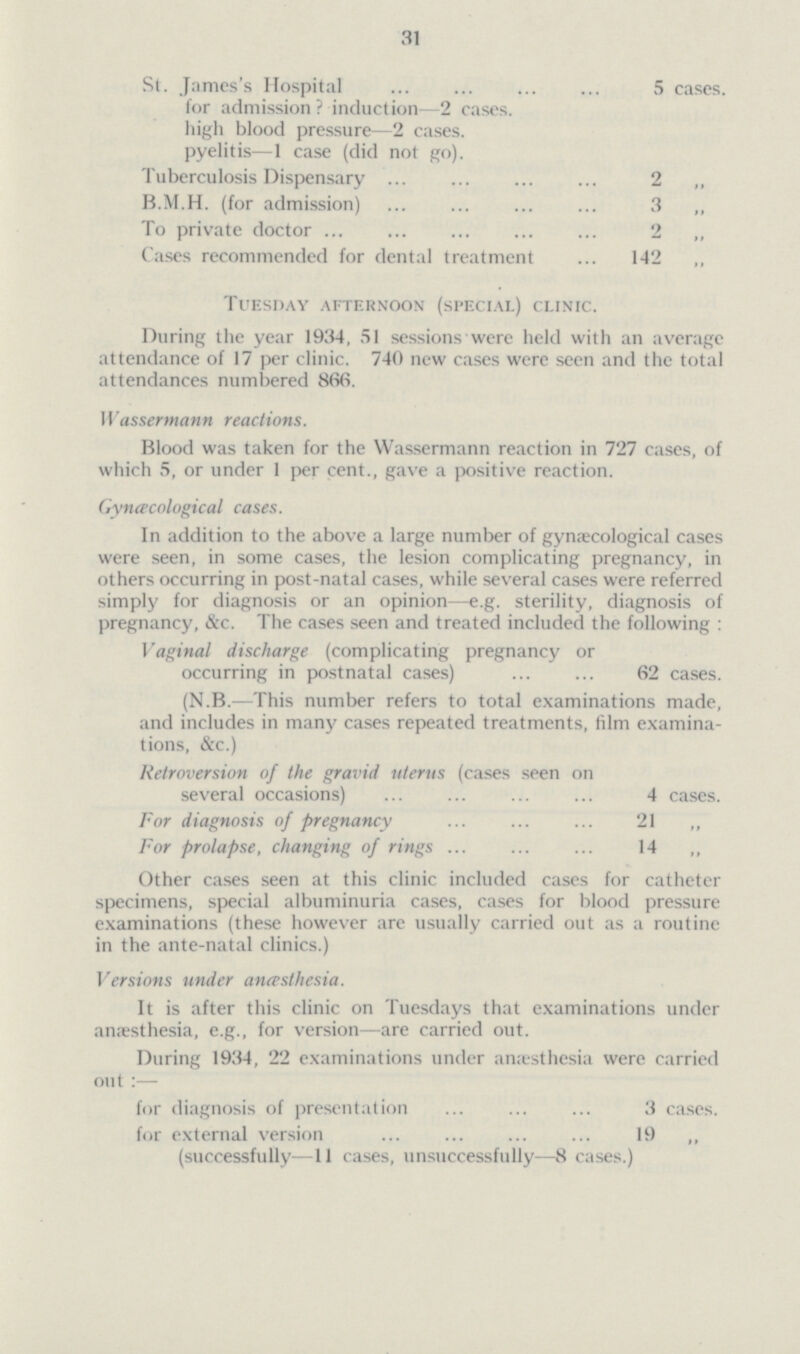 31 St. James's Hospital 5 cases. for admission? induction—2 cases. high blood pressure—2 cases. pyelitis—1 case(did not go). Tuberculosis Dispensary 2 ,, B.M.H.(for admission) 3 „ To private doctor 2 „ Cases recommended for dental treatment 142 ,, Tuesday afternoon (special) clinic. During the year 1934, 51 sessions were held with an average attendance of 17 per clinic. 740 new cases were seen and the total attendances numbered 866. Wassermann reactions. Blood was taken for the Wassermann reaction in 727 cases, of which 5, or under 1 per cent., gave a positive reaction. Gynecological cases. In addition to the above a large number of gynaecological cases were seen, in some cases, the lesion complicating pregnancy, in others occurring in post-natal cases, while several cases were referred simply for diagnosis or an opinion—e.g. sterility, diagnosis of pregnancy, &c. The cases seen and treated included the following: Vaginal discharge(complicating pregnancy or occurring in postnatal cases) 62 cases. (N.B.—This number refers to total examinations made, and includes in many cases repeated treatments, film examina tions, &c.) Retroversion of the gravid uterus(cases seen on several occasions) 4 cases. For diagnosis of pregnancy 21 ,, For prolapse, changing of rings 14 „ Other cases seen at this clinic included cases for catheter specimens, special albuminuria cases, cases for blood pressure examinations(these however are usually carried out as a routine in the ante-natal clinics.) Versions under anæsthesia. It is after this clinic on Tuesdays that examinations under anaesthesia, e.g., for version—are carried out. During 1934, 22 examinations under anaesthesia were carried out:— for diagnosis of presentation 3 cases. for external version 19 ,, (successfully-—11 cases, unsuccessfully—8 cases.)