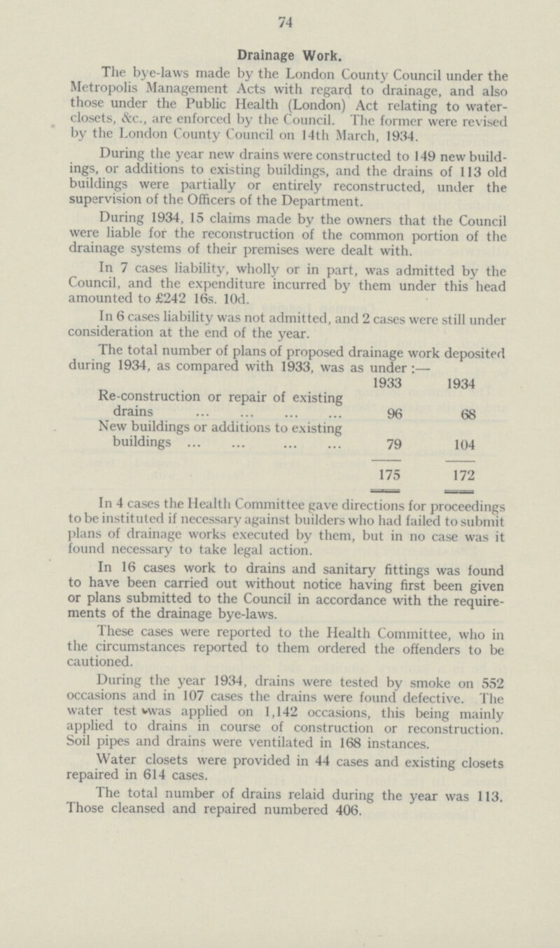 74 Drainage Work. The bye-laws made by the London County Council under the Metropolis Management Acts with regard to drainage, and also those under the Public Health (London) Act relating to water- closets, &c., are enforced by the Council. The former were revised by the London County Council on 14th March, 1934. During the year new drains were constructed to 149 new build ings, or additions to existing buildings, and the drains of 113 old buildings were partially or entirely reconstructed, under the supervision of the Officers of the Department. During 1934, 15 claims made by the owners that the Council were liable for the reconstruction of the common portion of the drainage systems of their premises were dealt with. In 7 cases liability, wholly or in part, was admitted by the Council, and the expenditure incurred by them under this head amounted to £242 16s. 10d. In 6 cases liability was not admitted, and 2 cases were still under consideration at the end of the year. The total number of plans of proposed drainage work deposited during 1934, as compared with 1933, was as under:— 1933 1934 Re-construction or repair of existing drains 96 68 New buildings or additions to existing buildings 79 104 175 172 In 4 cases the Health Committee gave directions for proceedings to be instituted if necessary against builders who had failed to submit plans of drainage works executed by them, but in no case was it found necessary to take legal action. In 16 cases work to drains and sanitary fittings was found to have been carried out without notice having first been given or plans submitted to the Council in accordance with the require ments of the drainage bye-laws. These cases were reported to the Health Committee, who in the circumstances reported to them ordered the offenders to be cautioned. During the year 1934, drains were tested by smoke on 552 occasions and in 107 cases the drains were found defective. The water test was applied on 1,142 occasions, this being mainly applied to drains in course of construction or reconstruction. Soil pipes and drains were ventilated in 168 instances. Water closets were provided in 44 cases and existing closets repaired in 614 cases. The total number of drains relaid during the year was 113. Those cleansed and repaired numbered 406.