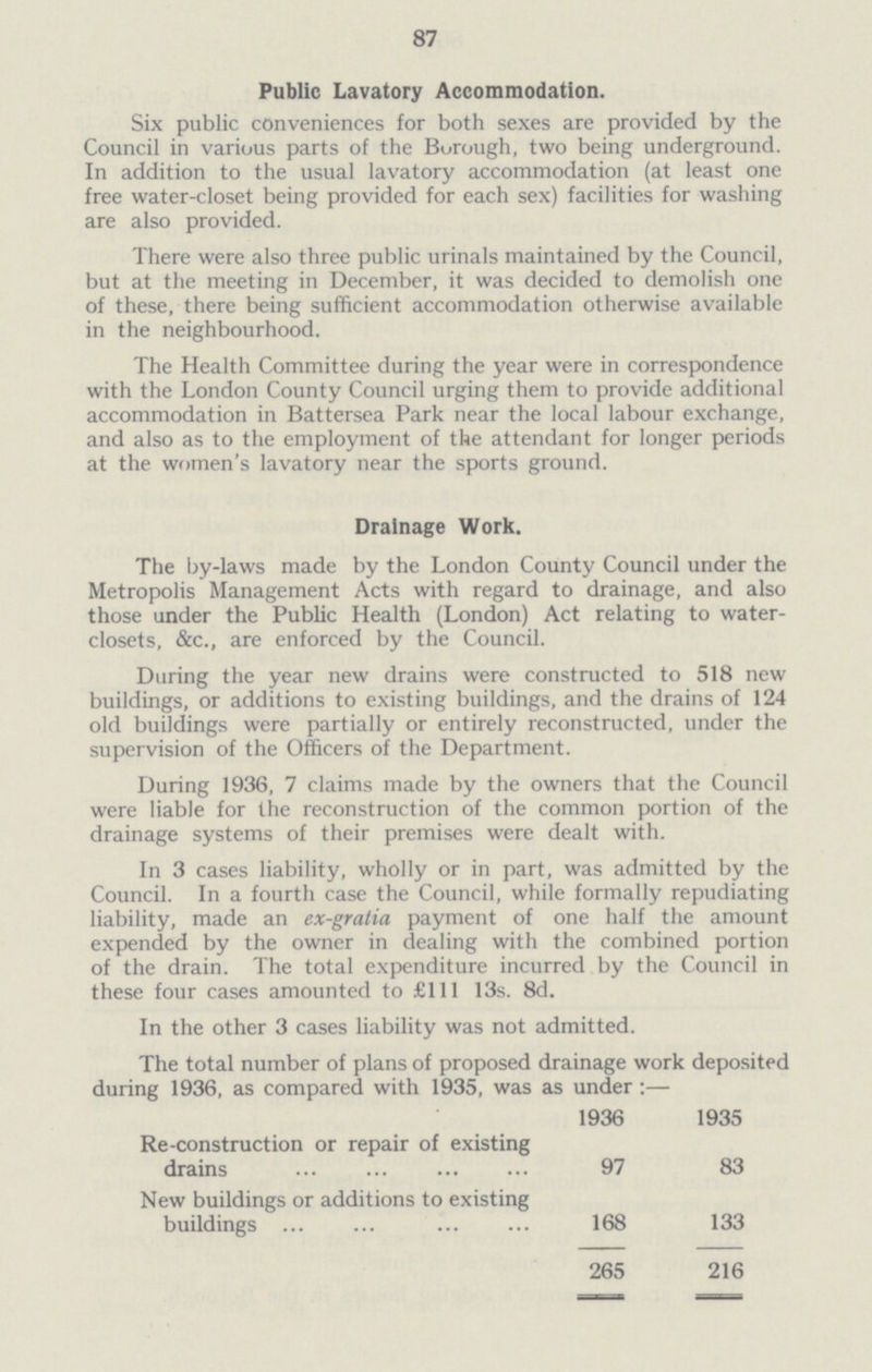 87 Public Lavatory Accommodation. Six public conveniences for both sexes are provided by the Council in various parts of the Borough, two being underground. In addition to the usual lavatory accommodation (at least one free water-closet being provided for each sex) facilities for washing are also provided. There were also three public urinals maintained by the Council, but at the meeting in December, it was decided to demolish one of these, there being sufficient accommodation otherwise available in the neighbourhood. The Health Committee during the year were in correspondence with the London County Council urging them to provide additional accommodation in Battersea Park near the local labour exchange, and also as to the employment of the attendant for longer periods at the women's lavatory near the sports ground. Drainage Work. The by-laws made by the London County Council under the Metropolis Management Acts with regard to drainage, and also those under the Public Health (London) Act relating to waterclosets, &c., are enforced by the Council. During the year new drains were constructed to 518 new buildings, or additions to existing buildings, and the drains of 124 old buildings were partially or entirely reconstructed, under the supervision of the Officers of the Department. During 1936, 7 claims made by the owners that the Council were liable for the reconstruction of the common portion of the drainage systems of their premises were dealt with. In 3 cases liability, wholly or in part, was admitted by the Council. In a fourth case the Council, while formally repudiating liability, made an ex-gratia payment of one half the amount expended by the owner in dealing with the combined portion of the drain. The total expenditure incurred by the Council in these four cases amounted to £111 13s. 8d. In the other 3 cases liability was not admitted. The total number of plans of proposed drainage work deposited during 1936, as compared with 1935, was as under :— 1936 1935 Re-construction or repair of existing drains 97 83 New buildings or additions to existing buildings 168 133 265 216