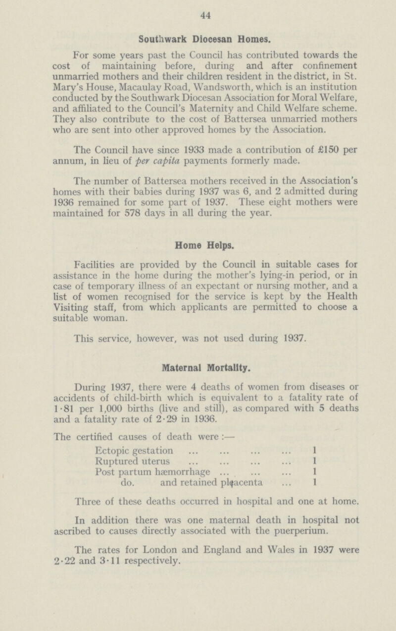 44 Southwark Diocesan Homes. For some years past the Council has contributed towards the cost of maintaining before, during and after confinement unmarried mothers and their children resident in the district, in St. Mary's House, Macaulay Road, Wandsworth, which is an institution conducted by the Southwark Diocesan Association for Moral Welfare, and affiliated to the Council's Maternity and Child Welfare scheme. They also contribute to the cost of Battersea unmarried mothers who are sent into other approved homes by the Association. The Council have since 1933 made a contribution of £150 per annum, in lieu of per capita payments formerly made. The number of Battersea mothers received in the Association's homes with their babies during 1937 was 6, and 2 admitted during 1936 remained for some part of 1937. These eight mothers were maintained for 578 days in all during the year. Home Helps. Facilities are provided by the Council in suitable cases for assistance in the home during the mother's lying-in period, or in case of temporary illness of an expectant or nursing mother, and a list of women recognised for the service is kept by the Health Visiting staff, from which applicants are permitted to choose a suitable woman. This service, however, was not used during 1937. Maternal Mortality. During 1937, there were 4 deaths of women from diseases or accidents of child-birth which is equivalent to a fatality rate of 1.81 per 1,000 births (live and still), as compared with 5 deaths and a fatality rate of 2.29 in 1936. The certified causes ofdeath were:— Ectopic gestation 1 Ruptured uterus 1 Post partum haemorrhage 1 do. and retained placenta 1 Three of these deaths occurred in hospital and one at home. In addition there was one maternal death in hospital not ascribed to causes directly associated with the puerperium. The rates for London and England and Wales in 1937 were 2.22 and 3.11 respectively.