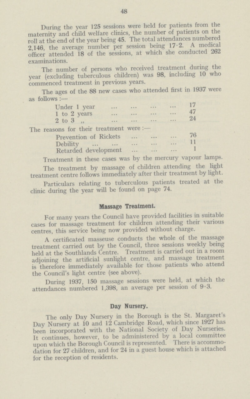 48 During the year 125 sessions were held for patients from the maternity and child welfare clinics, the number of patients on the roll at the end of the year being 45. The total attendances numbered 2,146, the average number per session being 17.2. A medical officer attended 18 of the sessions, at which she conducted 262 examinations. The number of persons who received treatment during the year (excluding tuberculous children) was 98, including 10 who commenced treatment in nrevious vears. The ages of the 88 new cases who attended first in 1937 were as follows:— Under 1 year 17 1 to 2 years 47 2 to 3 „ 24 The reasons for their treatment were:— Prevention of Rickets 76 Debility 11 Retarded development 1 Treatment in these cases was by the mercury vapour lamps. The treatment by massage of children attending the light treatment centre follows immediately after their treatment by light. Particulars relating to tuberculous patients treated at the clinic during the year will be found on page 74. Massage Treatment. For many years the Council have provided facilities in suitable cases for massage treatment for children attending their various centres, this service being now provided without charge. A certificated masseuse conducts the whole of the massage treatment carried out by the Council, three sessions weekly being held at the Southlands Centre. Treatment is carried out in a room adjoining the artificial sunlight centre, and massage treatment is therefore immediately available for those patients who attend the Council's light centre (see above). During 1937, 150 massage sessions were held, at which the attendances numbered 1,398, an average per session of 9-3. Day Nursery. The only Day Nursery in the Borough is the St. Margaret's Day Nursery at 10 and 12 Cambridge Road, which since 1927 has been incorporated with the National Society of Day Nurseries. It continues, however, to be administered by a local committee upon which the Borough Council is represented. There is accommo dation for 27 children, and for 24 in a guest house which is attached for the reception of residents.