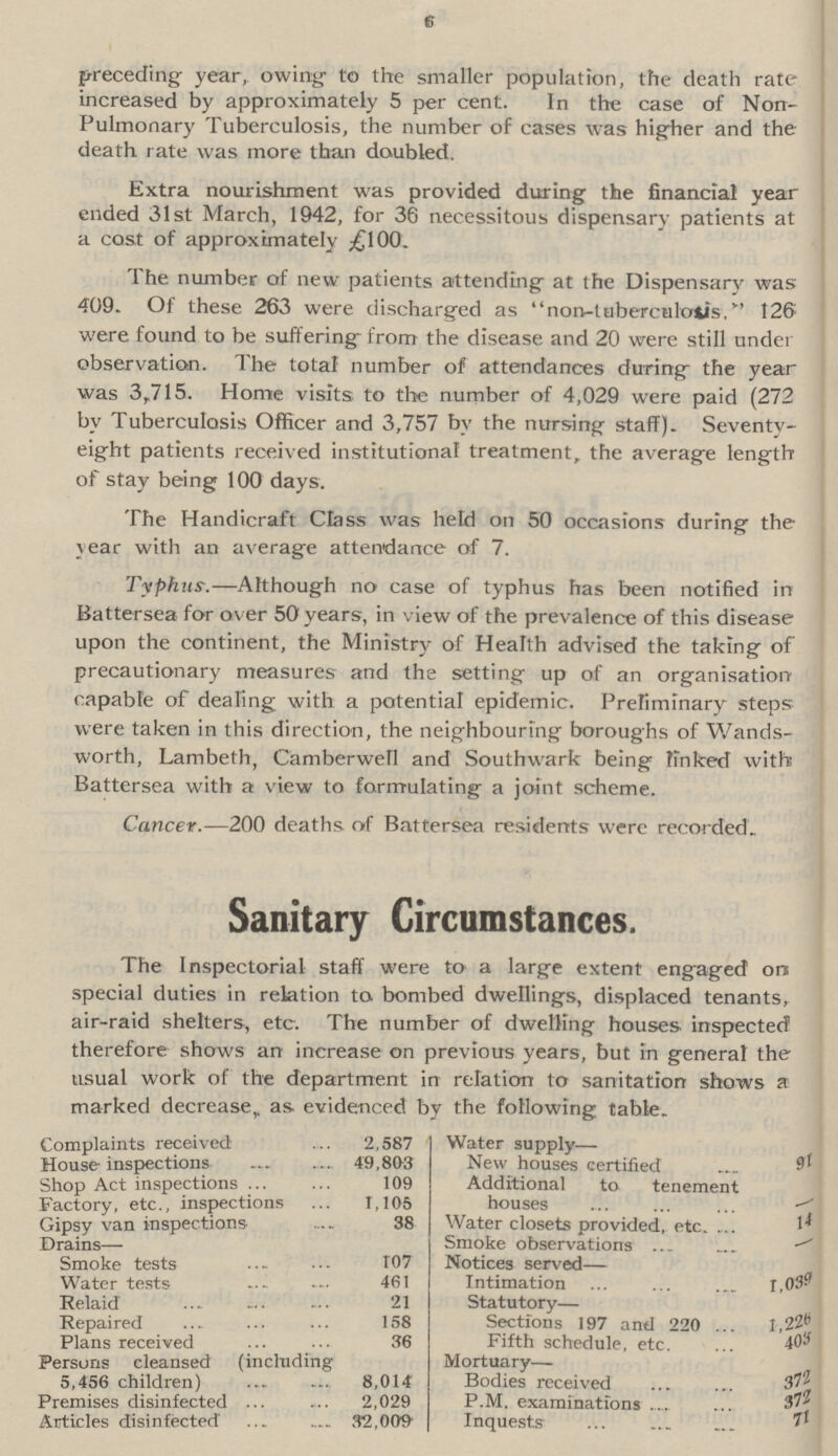 6 preceding- year, owing- to the smaller population, the death rate increased by approximately 5 per cent. In the case of Non Pulmonary Tuberculosis, the number of cases was higher and the death rate was more than doubled. Extra nourishment was provided during the financial year ended 31st March, 1942, for 36 necessitous dispensary patients at a cost of approximately £100. The number of new patients attending- at the Dispensary was 409. Of these 263 were discharged as non-tubereulosis,'' 126 were found to be suffering from the disease and 20 were still under observation. The total number of attendances during- the year was 3,715. Home visits, to the number of 4,029 were paid (272 by Tuberculosis Officer and 3,757 by the nursing staff). Seventy eight patients received institutional treatment, the average length of stay being 100 days. The Handicraft Class was held on 50 occasions during the year with an average attendance of 7. Typhus-.—Although no case of typhus has been notified in Battersea for over 50 years, in view of the prevalence of this disease upon the continent, the Ministry of Health advised the taking of precautionary measures and the setting up of an organisation capable of dealing with a potential epidemic. Preliminary steps were taken in this direction, the neighbouring boroughs of Wands worth, Lambeth, Camberwell and Southwark being linked with Battersea with a view to formulating a joint scheme. Cancer.—200 deaths of Battersea residents were recorded. Sanitary Circumstances. The Inspectorial staff were to a large extent engaged on special duties in relation to bombed dwellings, displaced tenants, air-raid shelters, etc. The number of dwelling houses inspected1 therefore shows an increase on previous years, but in general the usual work of the department in relation to sanitation shows a marked decrease,, as evidenced by the following table. Complaints received 2,587 House inspections 49,803 Shop Act inspections 109 Factory, etc., inspections 1,105 Gipsy van inspections 38 Drains— Smoke tests 107 Water tests 461 Relaid 21 Repaired 158 Plans received 36 Persons cleansed (including 5,456 children) 8,014 Premises disinfected 2,029 Articles disinfected 32,009 Water supply— New houses certified 91 Additional to tenement houses Water closets provided, etc. Smoke observations Notices served— Intimation 1,039 Statutory— Sections 197 and 220 1,228 Fifth schedule, etc. 403 Mortuary— Bodies received 372 P.M. examinations 372 Inquests 71