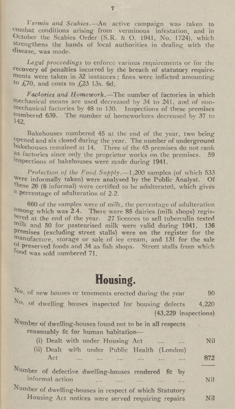 7 Vermin and Scabies.—An active campaign was taken to combat conditions arising from verminous infestation, and in October the Scabies Order (S.R. & O. 1941, No. 1724), which strengthens the hands of local authorities in dealing with the disease, was made. Legal proceedings to enforce various requirements or for the recovery of penalties incurred by the breach of statutory require ments were taken in 32 instances; fines were inflicted amounting to £70, and costs to £23 13s. 6d. Factories and Homework.—The number of factories in which Mechanical means are used decreased by 34 to 241, and of non Mechanical factories by 48 to 130. Inspections of these premises Numbered 639. The number of homeworkers decreased bv 37 to 142. Bakehouses numbered 45 at the end of the year, two being opened and six closed during the year. The number of underground bakehouses remained at 14. Three of the 45 premises do not rank factories since only the proprietor works on the premises. 59 inspections of bakehouses were made during 1941. Protection of the Food Supply.—1,200 samples (of which 533 were informally taken) were analysed by the Public Analyst. Of these 26 (6 informal) were certified to be adulterated, which gives a Percentage of adulteration of 2.2. 660 of the samples were of milk, the percentage of adulteration among which was 2.4. There were 85 dairies (milk shops) regis tered at the end of the year. 27 licences to sell tuberculin tested milk and 50 for pasteurised milk were valid during 1941. 136 Premises (excluding street stalls) were on the register for the Manufacture, storage or sale of ice cream, and 131 for the sale preserved foods and 34 as fish shops. Street stalls from which food was sold numbered 71. Housing. No. of new houses or tenements erected during the year 90 No. of dwelling houses inspected for housing defects 4,220 (43,229 inspections) Number of dwelling-houses found not to be in all respects reasonably fit for human habitation— (i) Dealt with under Housing Act Nil (ii) Dealt with under Public Health (London) Act 872 Number of defective dwelling-houses rendered fit by informal action Nil Number of dwelling-houses in respect of which Statutory Housing Act notices were served requiring repairs Nil