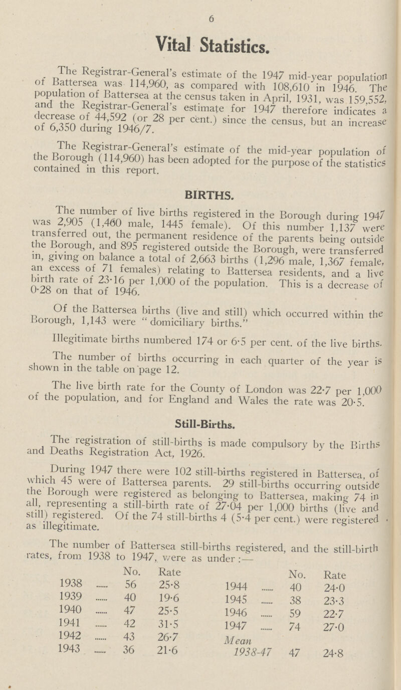 6 Vital Statistics. The Registrar-General's estimate of the 1947 mid-year population of Battersea was 114,960, as compared with 108,610 in 1946. The population of Battersea at the census taken in April, 1931, was 159,552, and the Registrar-General's estimate for 1947 therefore indicates a decrease of 44,592 (or 28 per cent.) since the census, but an increase of 6,350 during 1946/7. The Registrar-General's estimate of the mid-year population of the Borough (114,960) has been adopted for the purpose of the statistics contained in this report. BIRTHS. The number of live births registered in the Borough during 194/ was 2,905 (1,460 male, 1445 female). Of this number 1,137 were transferred out, the permanent residence of the parents being outside the Borough, and 895 registered outside the Borough, were transferred in, giving on balance a total of 2,663 births (1,296 male, 1,367 female, an excess of 71 females) relating to Battersea residents, and a live birth rate of 23.16 per 1,000 of the population. This is a decrease ot 0.28 on that of 1946. Of the Battersea births (live and still) which occurred within the Borough, 1,143 were domiciliary births. Illegitimate births numbered 174 or 6.5 per cent. of the live births. The number of births occurring in each quarter of the year is shown in the table on page 12. The live birth rate for the County of London was 22.7 per 1,000 of the population, and for England and Wales the rate was 20.5. Still-Births. The registration of still-births is made compulsory by the Births and Deaths Registration Act, 1926. During 1947 there were 102 still-births registered in Battersea, of which 45 were of Battersea parents. 29 still-births occurring outside the Borough were registered as belonging to Battersea, making 74 in all, representing a still-birth rate of 27.04 per 1,000 births (live and still) registered. Of the 74 still-births 4 (5.4 per cent.) were registered as illegitimate. The number of Battersea still-births registered, and the still-birth rates, from 1938 to 1947, were as under:— No. Rate No. Rate 1938 56 25.8 1944 40 24.0 1939 40 19.6 1945 38 23.3 1940 47 25.5 1946 59 22.7 1941 42 31.5 1947 74 27.0 1942 43 26.7 Mean 1938-47 47 24.8 1943 36 21.6