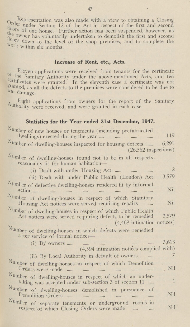 47 Representation was also made with a view to obtaining a Closing Order under Section 12 of the Act in respect of the first and second one house. Further action has been suspended, however, as the owner has voluntarily undertaken to demolish the first and second floor down to the level of the shop premises, and to complete the work within six months. Increase of Rent, etc., Acts. Eleven applications were received from tenants for the certificate the Sanitary Authority under the above-mentioned Acts, and ten certificates were granted. In the eleventh case a certificate was not granted, as all the defects to the premises were considered to be due to war damage. Eight applications from owners for the report of the Sanitary Authority were received, and were granted in each case. Statistics for the Year ended 31st December, 1947. Number of new houses or tenements (including prefabricated dwellings) erected during the year 119 Number of dwelling-houses inspected for housing defects 6,291 (26,562 inspections) Number of dwelling-houses found not to be in all respects reasonably fit for human habitation— (i) Dealt with under Housing Act 2 (ii) Dealt with under Public Health (London) Act 3,579 Number of defective dwelling-houses rendered fit by informal action Nil Number of dwelling-houses in respect of which Statutory Housing Act notices were served requiring repairs Nil Number of dwelling-houses in respect of which Public Health Act notices were served requiring defects to be remedied 3,579 (4,468 intimation notices) Number of dwelling-houses in which defects were remedied after service of formal notices— (i) By owners 3,613 (4,594 intimation notices complied with) (ii) By Local Authority in default of owners 7 Nurnber of dwelling-houses in respect of which Demolition Orders were made Nil Number of dwelling-houses in respect of which an under taking was accepted under sub-section 3 of section 11 1 Number of dwelling-houses demolished in pursuance of Demolition Orders Nil Number of separate tenements or underground rooms in respect of which Closing Orders were made Nil