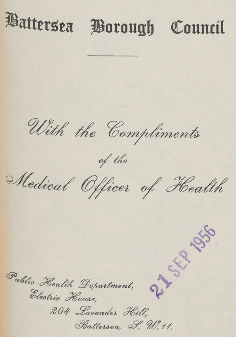 Batterstea Borough Council with the Bamphilments of the medical officer of Health Public Health Department, Electric House, 204 Lauender Hill, Poallessea, P.W.11