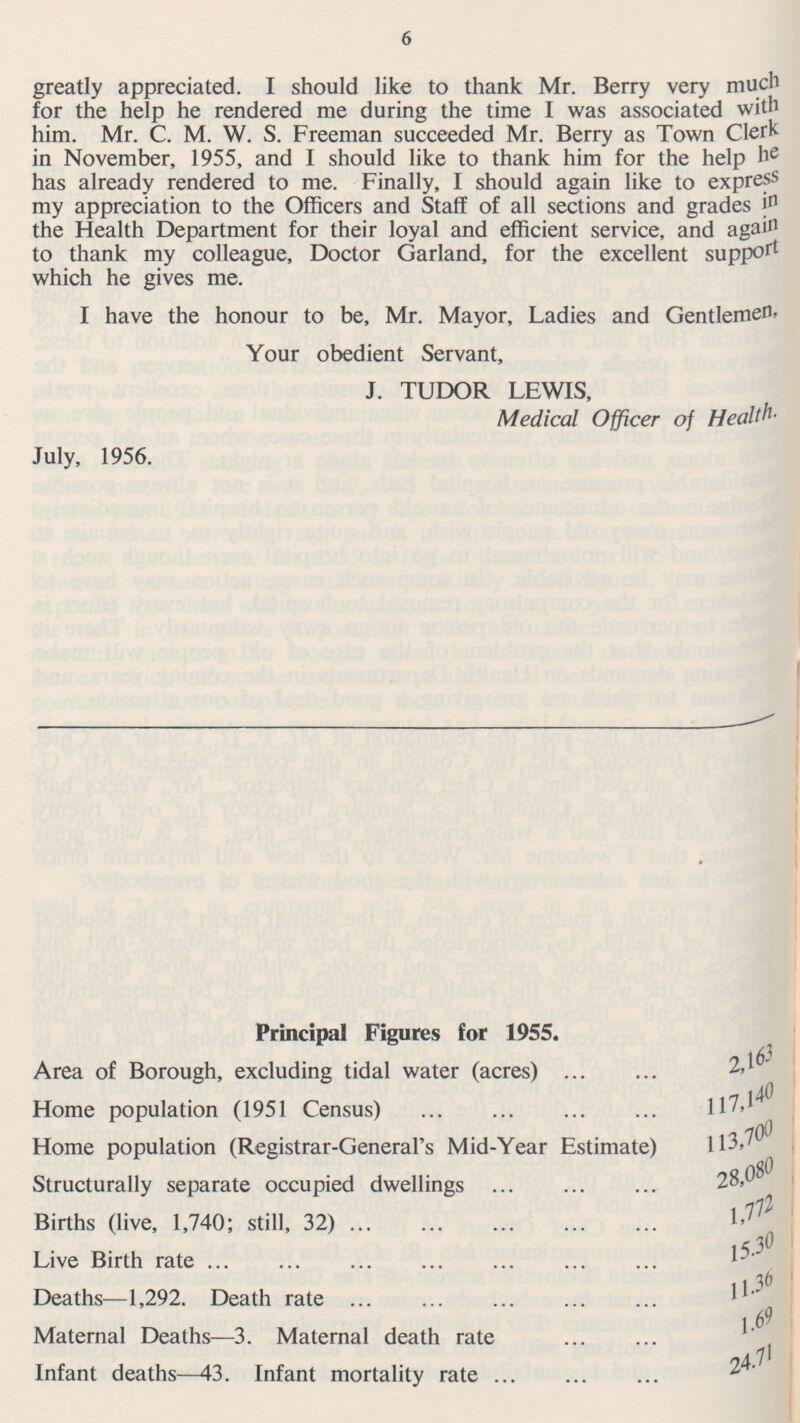 6 greatly appreciated. I should like to thank Mr. Berry very much for the help he rendered me during the time I was associated with him. Mr. C. M. W. S. Freeman succeeded Mr. Berry as Town Clerk in November, 1955, and I should like to thank him for the help he has already rendered to me. Finally, I should again like to express my appreciation to the Officers and Staff of all sections and grades in the Health Department for their loyal and efficient service, and again to thank my colleague, Doctor Garland, for the excellent support which he gives me. I have the honour to be, Mr. Mayor, Ladies and Gentlemen, Your obedient Servant, J. TUDOR LEWIS, Medical Officer of Health. July, 1956. Principal Figures for 1955. 2,163 Area of Borough, excluding tidal water (acres) 117,1 40 Home population (1951 Census) 113,700 Home population (Registrar-General's Mid-Year Estimate) 28,080 Structurally separate occupied dwellings 1,7 72 Births (live, 1,740; still, 32) 15.30 Live Birth rate 11.36 Deaths—1,292. Death rate 1.69 Maternal Deaths—3. Maternal death rate 24 .71 Infant deaths—43. Infant mortality rate