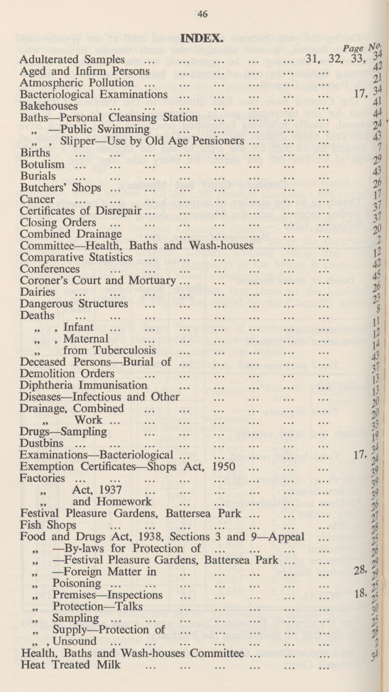 INDEX. Page Adulterated Samples 31, 32, 33, Aged and Infirm Persons 21 Atmospheric Pollution 17.34 Bacteriological Examinations 41 Bakehouses 44 Baths —Personal Cleansing Station 24 „ —Public Swimming 43 „ , Slipper—Use by Old Age Pensioners 7 Births Botulism 29 43 Burials Butchers' Shops 17 Cancer 37 Certificates of Disrepair 37 Closing Orders 20 Combined Drainage 2 Committee—Health, Baths and Wash-houses 12 Comparative Statistics 42 Conferences 45 Coroner's Court and Mortuary 26 Dairies 23 Dangerous Structures 8 Deaths 11 „ , Infant 12 „ , Maternal 14 „ , from Tuberculosis 43 Deceased Persons —Burial of 37 Demolition Orders 13 Diphtheria Immunisation 13 Diseases—lnfectious and Other 20 Drainage, Combined 20 „ Work 33 Drugs—Sampling 19 Dustbins 34 Examinations—Bacteriological 17, 24 Exemption Certificates—Shops Act, 1950 39 Factories 39 Act, 1937 39 and Homework 26 Festival Pleasure Gardens, Battersea Park 27 Fish Shops 28 Food and Drugs Act, 1938, Sections 3 and 9 —Appeal 25 „ —By-laws for Protection of 26 „ —Festival Pleasure Gardens, Battersea Park 29 —Foreign Matter in 28. t „ Poisoning 25 Premises—lnspections 18, 25 Protection—Talks Sampling A „ Supply—Protection of 28 „ , Unsound 2 Health, Baths and Wash-houses Committee $ Heat Treated Milk 46
