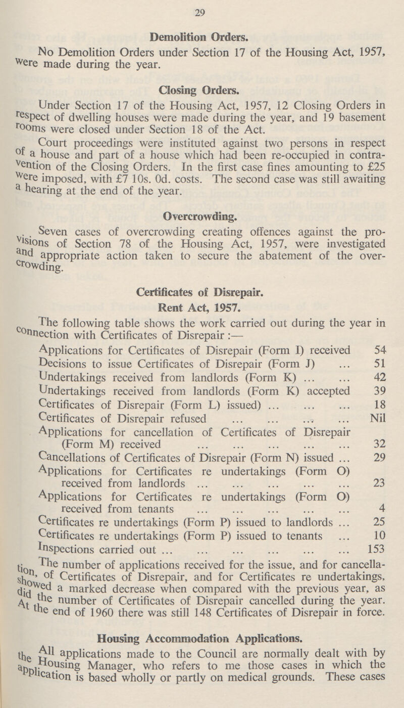 29 Demolition Orders. No Demolition Orders under Section 17 of the Housing Act, 1957, were made during the year. Closing Orders. Under Section 17 of the Housing Act, 1957, 12 Closing Orders in respect of dwelling houses were made during the year, and 19 basement rooms were closed under Section 18 of the Act. Court proceedings were instituted against two persons in respect of a house and part of a house which had been re-occupied in contra vention of the Closing Orders. In the first case fines amounting to £25 were imposed, with £7 10s. Od. costs. The second case was still awaiting a hearing at the end of the year. Overcrowding. Seven cases of overcrowding creating offences against the pro visions of Section 78 of the Housing Act, 1957, were investigated and appropriate action taken to secure the abatement of the over crowding. Certificates of Disrepair. Rent Act, 1957. The following table shows the work carried out during the year in connection with Certificates of Disrepair:— Applications for Certificates of Disrepair (Form I) received 54 Decisions to issue Certificates of Disrepair (Form J) 51 Undertakings received from landlords (Form K) 42 Undertakings received from landlords (Form K) accepted 39 Certificates of Disrepair (Form L) issued) 18 Certificates of Disrepair refused Nil Applications for cancellation of Certificates of Disrepair (Form M) received 32 Cancellations of Certificates of Disrepair (Form N) issued 29 Applications for Certificates re undertakings (Form O) received from landlords 23 Applications for Certificates re undertakings (Form O) received from tenants 4 Certificates re undertakings (Form P) issued to landlords 25 Certificates re undertakings (Form P) issued to tenants 10 Inspections carried out 153 The number of applications received for the issue, and for cancella tion, of Certificates of Disrepair, and for Certificates re undertakings, showed a marked decrease when compared with the previous year, as did the number of Certificates of Disrepair cancelled during the year. At the end of 1960 there was still 148 Certificates of Disrepair in force. Housing Accommodation Applications. All applications made to the Council are normally dealt with by the Housing Manager, who refers to me those cases in which the application is based wholly or partly on medical grounds. These cases