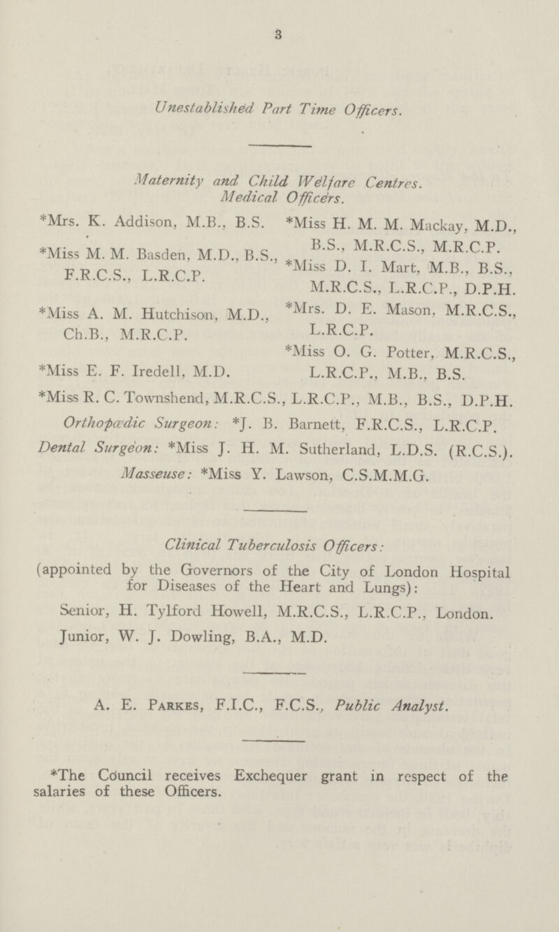 3 Unestablished Part Time Officers. Maternity and Child Welfare Centres. Medical Officers. *Mrs. K. Addison, M.B., B.S. *Miss M. M. Basden, M.D.. B.S., F.R.C.S., L.R.C.P. *Miss A. M. Hutchison, M.D., Ch.B., M.R.C.P. *Miss E. F. Iredell, M.D. *Miss H. M. M. Mackay, M.D., B.S., M.R.C.S., M.R.C.P. *Miss D. I. Mart, M.B., B.S., M.R.C.S., L.R.C.P., D.P.H. *Mrs. D. E. Mason, M.R.C.S., L.R.C.P. *Miss O. G. Potter, M.R.C.S., L.R.C.P., M.B., B.S. *Miss R. C. Townshend, M.R.C.S., L.R.C.P., M.B., B.S., D.P.H. Orthopædic Surgeon: *J. B. Barnett, F.R.C.S., L.R.C.P. Dental Surgeon: *Miss J. H. M. Sutherland, L.D.S. (R.C.S.). Masseuse: *Miss Y. Lawson, C.S.M.M.G. Clinical Tuberculosis Officers: (appointed by the Governors of the City of London Hospital for Diseases of the Heart and Lungs): Senior, H. Tylford Howell, M.R.C.S., L.R.C.P., London. Junior, W. J. Dowling, B.A., M.D. A. E. Parkes, F.I.C., F.C.S., Public Analyst. *The Council receives Exchequer grant in respect of the salaries of these Officers.