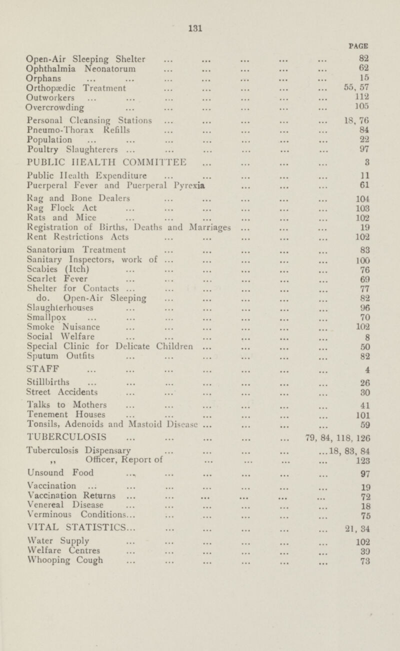 131 page Open-Air Sleeping Shelter 82 Ophthalmia Neonatorum 62 Orphans Orthopaedic Treatment 55, 57 Outworkers Overcrowding 105 Personal Cleansing Stations 18, 76 Pneumo-Thorax Refills 84 Population Poultry Slaughterers 97 PUBLIC HEALTH COMMITTEE 3 Public Health Expenditure 11 Puerperal Fever and Puerperal Pyrexia 61 Rag and Bone Dealers 104 Rag Flock Act 103 Rats and Mice 102 Registration of Births, Deaths and Marriages 19 Rent Restrictions Acts 102 Sanatorium Treatment 83 Sanitary Inspectors, work of 100 Scabies (Itch) 76 Scarlet Fever 60 Shelter for Contacts 77 do. Open-Air Sleeping 82 Slaughterhouses 96 Smallppx 70 Smoke Nuisance 102 Social Welfare 8 Special Clinic for Delicate Children 50 Sputum Outfits 82 STAFF 4 Stillbirths 26 Street Accidents 30 Talks to Mothers 41 Tenement Houses 101 Tonsils, Adenoids and Mastoid Disease 59 TUBERCULOSIS 79, 84, 118, 126 Tuberculosis Dispensary 18, 83, 84 „ Officer, Report of 123 Unsound Food 97 Vaccination 19 Vaccination Returns 72 Venereal Disease 18 Verminous Conditions. 75 VITAL STATISTICS 21,34 Water Supply 102 Welfare Centres 39 Whooping Cough 73