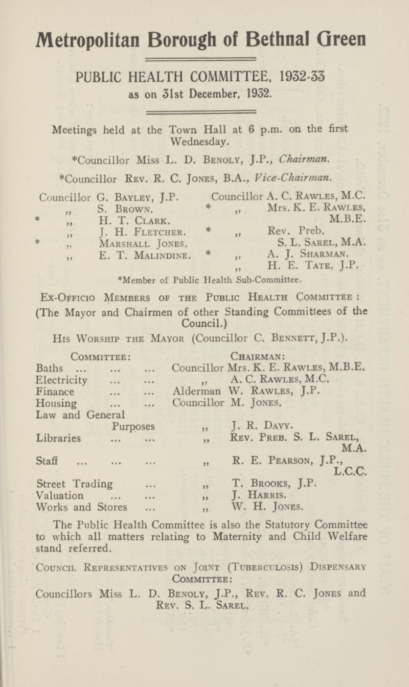 Metropolitan Borough of Bethnal Green PUBLIC HEALTH COMMITTEE, 1932-33 as on 31st December, 1932. Meetings held at the Town Hall at 6 p.m. on the first Wednesday. *Councillor Miss L. D. Benoly, J.P., Chairman. *Councillor Rev. R. C. Jones, B.A., Vice-Chairman. Councillor G. Bayley, J.P. „ S. Brown. * „ H. T. Clark. ,, j. H. Fletcher. * „ Marshall Jones. ,, E. T. Malindine. Councillor A. C. Rawles, M.C. * „ Mrs. K. E. Rawles, M.B.E. * „ Rev. Preb. S. L. Sarel, M.A. * „ A. J. Sharman. H. E. Tate, J.P. *Member of Public Health Sub-Committee. Ex-Officio Members of the Public Health Committee : (The Mayor and Chairmen of other Standing Committees of the Council.) His Worship the Mayor (Councillor C. Bennett, J.P.). Committee: Chairman: Baths Councillor Mrs. K. E. Rawles, M.B.E. Electricity „ A. C. Rawles, M.C. Finance Alderman W. Rawles, J.P. Housing Councillor M. Jones. Law and General Purposes „ J. R. Davy. Libraries „ Rev. Preb. S. L. Sarel, M.A. Staff „ R. E. Pearson, J.P., L.C.C. Street Trading „ T. Brooks, J.P. Valuation „ J. Harris. Works and Stores „ W. H. Jones. The Public Health Committee is also the Statutory Committee to which all matters relating to Maternity and Child Welfare stand referred. Council Representatives on Joint (Tuberculosis) Dispensary Committee: Councillors Miss L. D. Benoly, J.P., Rev. R. C. Jones and Rev. S. L. Sarel,
