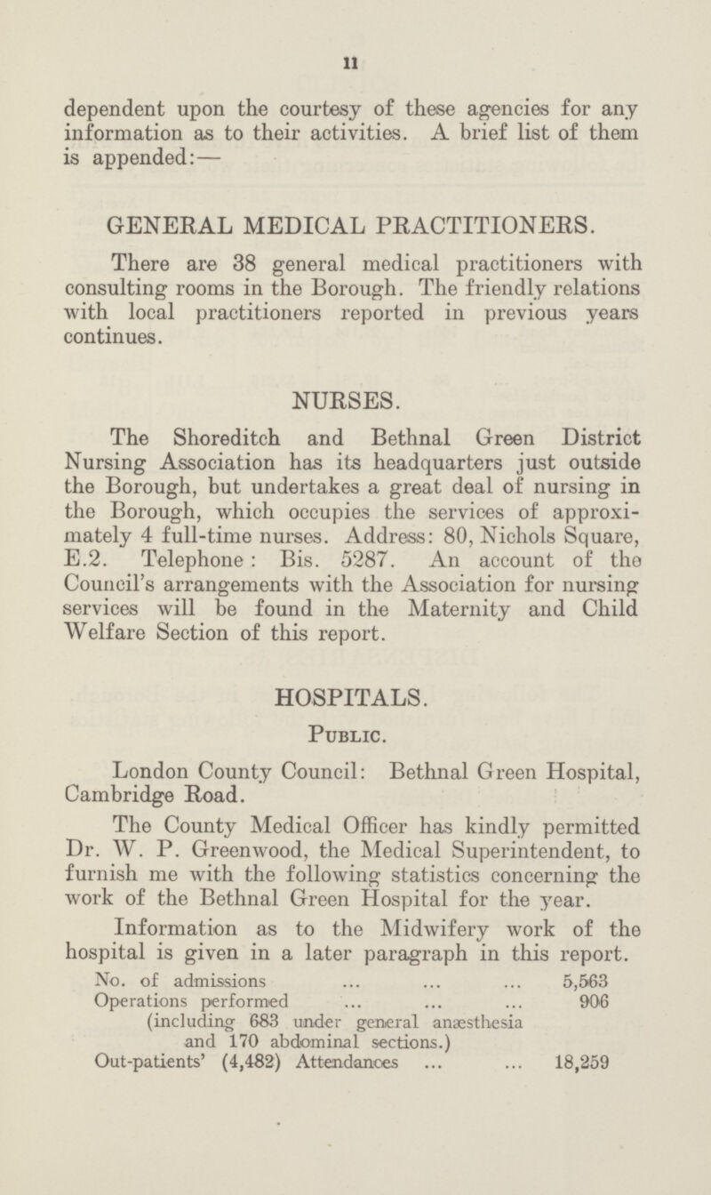 11 dependent upon the courtesy of these agencies for any information as to their activities. A brief list of them is appended:— GENERAL MEDICAL PRACTITIONERS. There are 38 general medical practitioners with consulting rooms in the Borough. The friendly relations with local practitioners reported in previous years continues. NURSES. The Shoreditch and Bethnal Green District Nursing Association has its headquarters just outside the Borough, but undertakes a great deal of nursing in the Borough, which occupies the services of approxi mately 4 full-time nurses. Address: 80, Nichols Square, E.2. Telephone: Bis. 5287. An account of the Council's arrangements with the Association for nursing services will be found in the Maternity and Child Welfare Section of this report. HOSPITALS. Public. London County Council: Bethnal Green Hospital, Cambridge Road. The County Medical Officer has kindly permitted Dr. W. P. Greenwood, the Medical Superintendent, to furnish me with the following statistics concerning the work of the Bethnal Green Hospital for the year. Information as to the Midwifery work of the hospital is given in a later paragraph in this report. No. of admissions 5,563 Operations performed 906 (including; 683 under general anaesthesia and 170 abdominal sections.) Out-patients' (4,482) Attendances 18,259