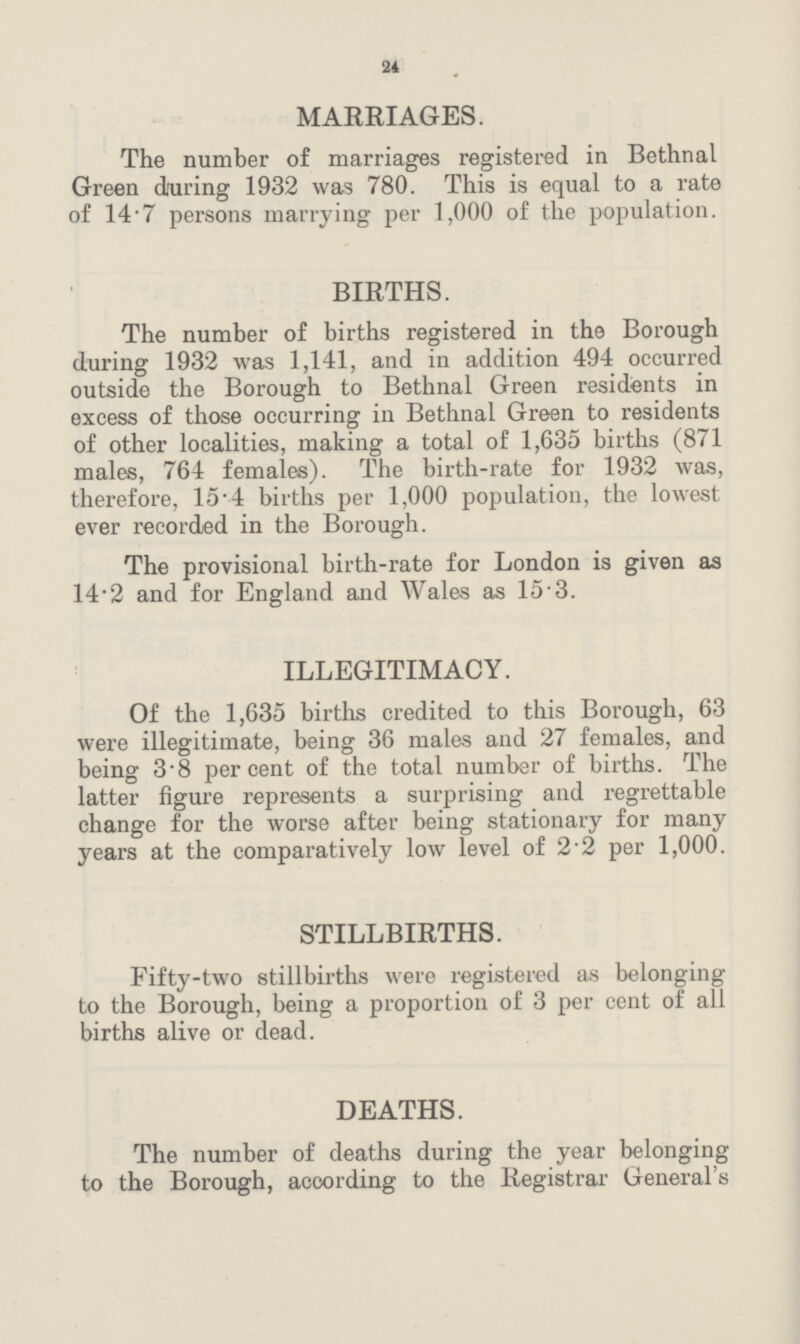 24 MARRIAGES. The number of marriages registered in Bethnal Green during 1932 was 780. This is equal to a rate of 14'7 persons marrying per 1,000 of the population. BIRTHS. The number of births registered in the Borough during 1932 was 1,141, and in addition 494 occurred outside the Borough to Bethnal Green residents in excess of those occurring in Bethnal Green to residents of other localities, making a total of 1,635 births (871 males, 764 females). The birth-rate for 1932 was, therefore, 15• 4 births per 1,000 population, the lowest ever recorded in the Borough. The provisional birth-rate for London is given as 14'2 and for England and AVales as 15-3. ILLEGITIMACY. Of the 1,635 births credited to this Borough, 63 were illegitimate, being 36 males and 27 females, and being 3-8 percent of the total number of births. The latter figure represents a surprising and regrettable change for the worse after being stationary for many years at the comparatively low level of 2 2 per 1,000. STILLBIRTHS. Fifty-two stillbirths were registered as belonging to the Borough, being a proportion of 3 per cent of all births alive or dead. DEATHS. The number of deaths during the year belonging to the Borough, according to the Registrar General's