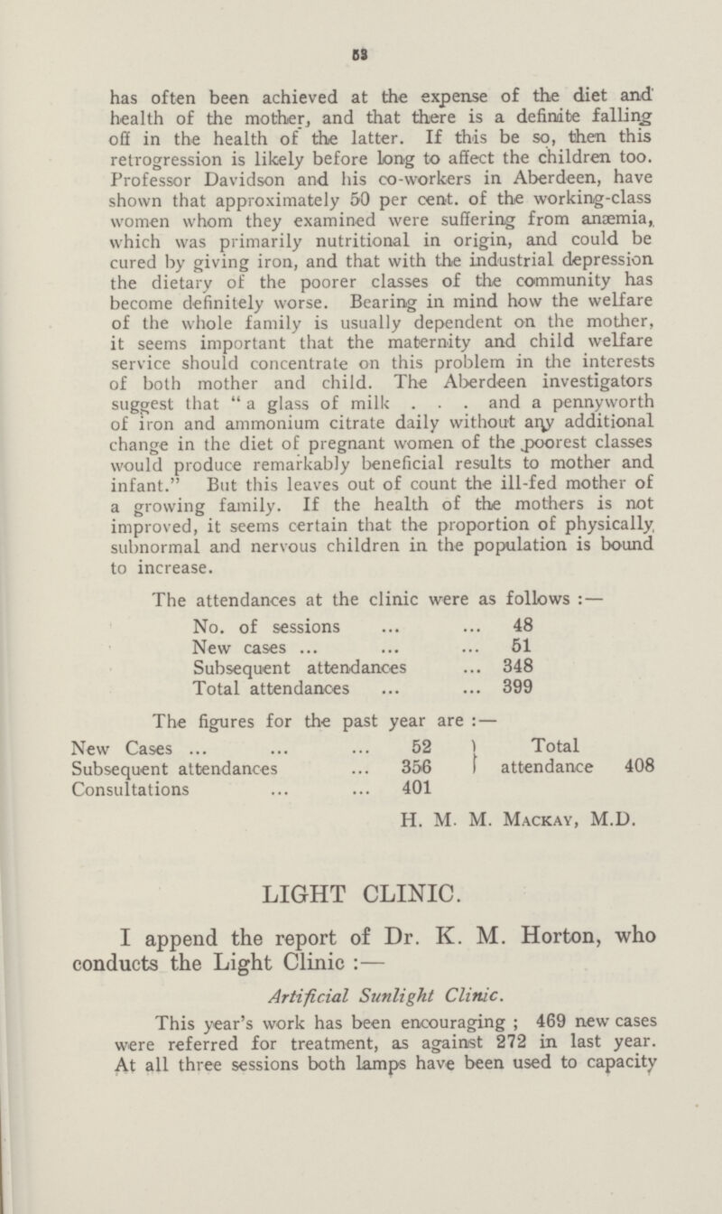 53 has often been achieved at the expense of the diet and' health of the mother, and that there is a definite falling off in the health of the latter. If this be so, then this retrogression is likely before long to affect the children too. Professor Davidson and his co-workers in Aberdeen, have shown that approximately 50 per cent, of the working-class women whom they examined were suffering from anaemia, which was primarily nutritional in origin, and could be cured by giving iron, and that with the industrial depression the dietary of the poorer classes of the community has become definitely worse. Bearing in mind how the welfare of the whole family is usually dependent on the mother, it seems important that the maternity and child welfare service should concentrate on this problem in the interests of both mother and child. The Aberdeen investigators suggest that  a glass of milk . . . and a pennyworth of iron and ammonium citrate daily without ai\y additional change in the diet of pregnant women of the poorest classes would produce remarkably beneficial results to mother and infant. But this leaves out of count the ill-fed mother of a growing family. If the health of the mothers is not improved, it seems certain that the proportion of physically, subnormal and nervous children in the population is bound to increase. The attendances at the clinic were as follows:— No. of sessions 48 New cases 51 Subsequent attendances 348 Total attendances 399 The figures for the past year are:— New Cases 52 Total attendance 408 Subsequent attendances 356 Consultations 401 H. M. M. MACKAY, M.D. LIGHT CLINIC. I append the report of Dr. K. M. Horton, who conducts the Light Clinic:— Artificial Sunlight Clinic. This year's work has been encouraging; 469 new cases were referred for treatment, as against 272 in last year. At all three sessions both lamps have been used to capacity