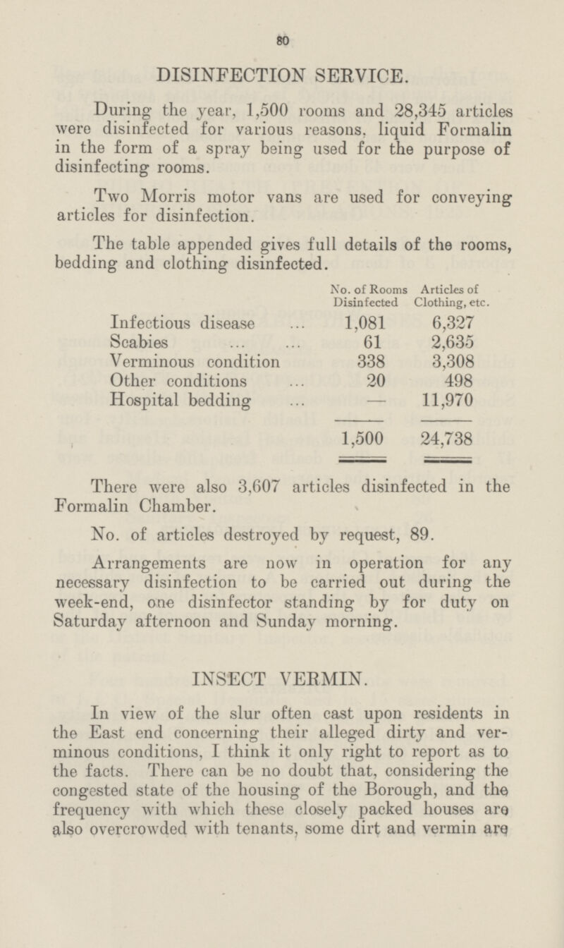 80 DISINFECTION SERVICE. During the year, 1,500 rooms and 28,345 articles were disinfected for various reasons, liquid Formalin in the form of a spray being used for the purpose of disinfecting rooms. Two Morris motor vans are used for conveying articles for disinfection. The table appended gives full details of the rooms, bedding and clothing disinfected. No. of Rooms Disinfected Articles of Clothing, etc. Infectious disease 1,081 6,327 Scabies 61 2,635 Verminous condition 338 3,308 Other conditions 20 498 Hospital bedding — 11,970 1,500 24,738 There were also 3,607 articles disinfected in the Formalin Chamber. No. of articles destroyed by request, 89. Arrangements are now in operation for any necessary disinfection to be carried out during the week-end, one disinfector standing by for duty on Saturday afternoon and Sunday morning. INSECT VERMIN. In view of the slur often cast upon residents in the East end concerning their alleged dirty and ver minous conditions, I think it only right to report as to the facts. There can be no doubt that, considering the congested state of the housing of the Borough, and the frequency with which these closely packed houses are also overcrowded with tenants, some dirt and vermin are