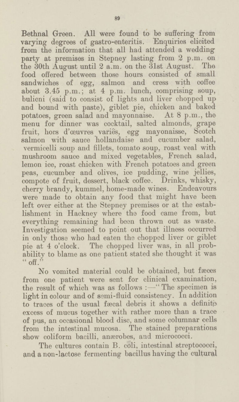 89 Bethnal Green. All were found to be suffering from varying degrees of gastro-enteritis. Enquiries elicited from the information that all had attended a wedding party at premises in Stepney lasting from 2 p.m. on the 30th August until 2 a.m. on the 31st August. The food offered between those hours consisted of small sandwiches of egg, salmon and cress with coffee about 3.45 p.m.; at 4 p.m. lunch, comprising soup, bulicni (said to consist of lights and liver chopped up and bound with paste), giblet .pie, chicken and baked potatoes, green salad and mayonnaise. At 8 p.m., the menu for dinner was cocktail, salted almonds, grape fruit, hoi's d'oeuvres varies, egg mayonaisse, Scotch salmon with sauce hollandaise and cucumber salad, vermicelli soup and fillets, tomato soup, roast veal with mushroom sauce and mixed vegetables, French salad, lemon ice, roast chicken with French potatoes and green peas, cucumber and olives, ice pudding, wine jellies, compote of fruit, dessert, black coffee. Drinks, whisky, cherry brandy, kummel, home-made wines. Endeavours were made to obtain any food that might have been left over either at the Stepney premises or at the estab lishment in Hackney where the food came from, but everything remaining had been thrown out as waste. Investigation seemed to point out that illness occurred in only those who had eaten the chopped liver or giblet pie at 4 o'clock. The chopped liver was, in all prob ability to blame as one patient stated she thought it was off. No vomited material could be obtained, but faeces from one patient were sent for clinical examination, the result of which was as follows:—The specimen is light in colour and of semi-fluid consistency. In addition to traces of the usual faecal debris it shows a definitp excess of mucus together with rather more than a trace of pus, an occasional blood disc, and some columnar cells from the intestinal mucosa. The stained preparations show coliform bacilli, anaerobes, and micrococci. The cultures contain B. coli, intestinal streptococci, and a non-lactose fermenting bacillus having the cultural