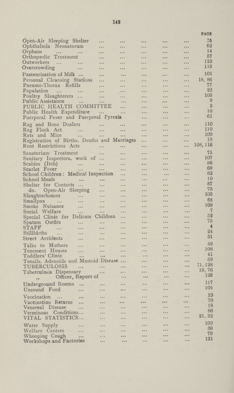 143 page Open-Air Sleeping Shelter 75 Ophthalmia Neonatorum 62 Orphans 14 Orthopaedic Treatment 57 Outworkers 123 Overcrowding 116 Pasteurisation of Milk 101 Personal Cleansing Stations 18, 86 Pneumo-Thorax Refills 77 Population 2 2 Poultry Slaughterers 103 Public Assistance 9 PUBLIC HEALTH COMMITTEE 3 Public Health Expenditure 10 Puerperal Fever and Puerperal Pyrexia 61 Rag and Bone Dealers 110 Rag Flock Act 110 Rats and Mice 109 Registration of Births, Deaths and Marriages 18 Rent Restrictions Acts 108, 116 Sanatorium Treatment 75 Sanitary Inspectors, work of 107 Scabies (Itch) 86 Scarlet Fever 68 School children: Medical Inspection 62 School Meals 10 Shelter for Contacts 87 do. Open-Air Sleeping 75 Slaughterhouses 103 Smallpox 68 Smoke Nuisance 109 Social Welfare 7 Special Clinic for Delicate Children 52 Sputum Outfits 75 STAFF 4 Stillbirths 24 Street Accidents 31 Talks to Mothers 49 Tenement Houses 108 Toddlers' Clinic 41 Tonsils, Adenoids and Mastoid Disease 59 TUBERCULOSIS 71,128 Tuberculosis Dispensary 18. 76 „ Officer, Report of 128 Underground Rooms Unsound Food 104 Vaccination Vaccination Returns Venereal Disease Verminous Conditions 86 VITAL STATISTICS 21, 32 Water Supply 100 Welfare Centres 38 Whooping Cough 79 Workshops and Factories 121