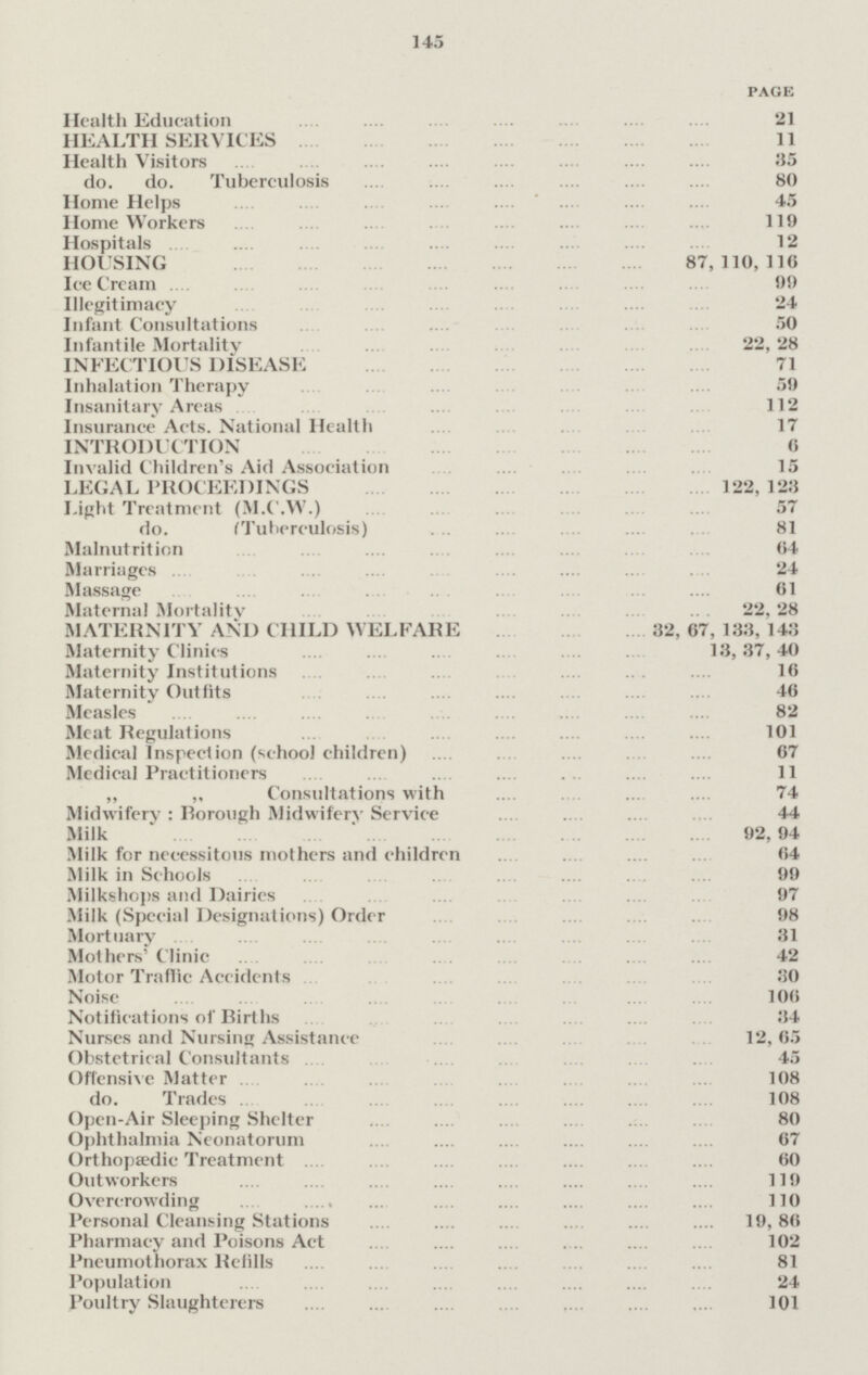 145 page Health Education 21 HEALTH SERVICES 11 Health Visitors 35 do. do. Tuberculosis 80 Home Helps 45 Home Workers 119 Hospitals 12 HOUSING 87,110,116 Ice Cream 99 Illegitimacy 24 Infant Consultations 50 Infantile Mortality 22, 28 INFECTIOUS DISEASE 71 Inhalation Therapy 59 Insanitary Areas 112 Insurance Acts. National Health 17 INTRODUCTION 6 Invalid Children's Aid Association 15 LEGAL PROCEEDINGS 122, 123 Light Treatment (M.C.W.) 57 (Tuberculosis) 81 Malnutrition 64 Marriages 24 Massage 61 Maternal Mortality 22, 28 MATERNITY AND CHILD WELFARE 32, 67, 133, 143 Maternity Clinics 13,37,40 Maternity Institutions 16 Maternity Outfits 46 Measles 82 Meat Regulations 101 Medical Inspection (school children) 67 Medical Practitioners 11 „ „ Consultations with 74 Midwifery : Borough Midwifery Service 44 Milk 92,94 Milk for necessitous mothers and children 64 Milk in Schools 99 Milkshops and Dairies 97 Milk (Special Designations) Order 98 Mortuary 31 Mothers Clinic 42 Motor Traffic Accidents 30 Noise 106 Notifications of Births 34 Nurses and Nursing Assistance 12, 65 Obstetrical Consultants 45 Offensive Matter 108 do. Trades 108 Open-Air Sleeping Shelter 80 Ophthalmia Neonatorum 67 Orthopaedic Treatment 60 Outworkers 119 Overcrowding 110 Personal Cleansing Stations 19,86 Pharmacy and Poisons Act 102 Pneumothorax Refills 81 Population 24 Poultry Slaughterers 101