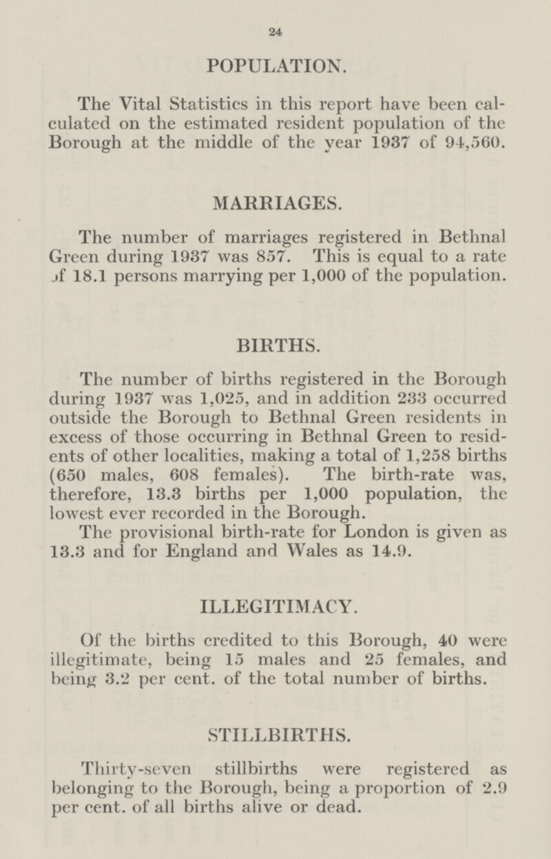 24 POPULATION. The Vital Statistics in this report have been cal culated on the estimated resident population of the Borough at the middle of the year 1937 of 94,560. MARRIAGES. The number of marriages registered in Bethnal Green during 1937 was 857. This is equal to a rate of 18.1 persons marrying per 1,000 of the population. BIRTHS. The number of births registered in the Borough during 1937 was 1,025, and in addition 233 occurred outside the Borough to Bethnal Green residents in excess of those occurring in Bethnal Green to resid ents of other localities, making a total of 1,258 births (650 males, 608 females). The birth-rate was, therefore, 13.3 births per 1,000 population, the lowest ever recorded in the Borough. The provisional birth-rate for London is given as 13.3 and for England and Wales as 14.9. ILLEGITIMACY. Of the births credited to this Borough, 40 were illegitimate, being 15 males and 25 females, and being 3.2 per cent. of the total number of births. STILLBIRTHS. Thirty-seven stillbirths were registered as belonging to the Borough, being a proportion of 2.9 per cent. of all births alive or dead.