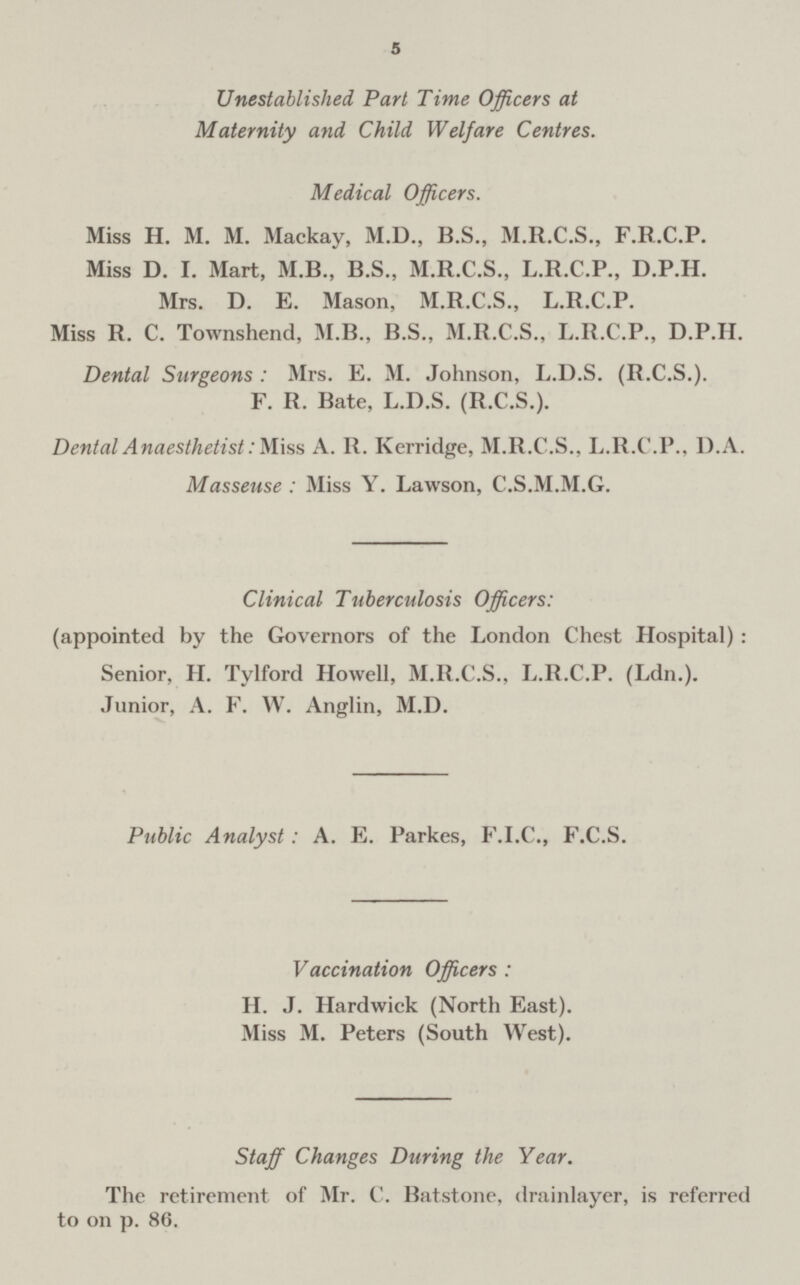 5 Unestablished Part Time Officers at Maternity and Child Welfare Centres. Medical Officers. Miss H. M. M. Mackay, M.D., B.S., M.R.C.S., F.R.C.P. Miss D. I. Mart, M.B., B.S., M.R.C.S., L.R.C.P., D.P.H. Mrs. D. E. Mason, M.R.C.S., L.R.C.P. Miss R. C. Townshend, M.B., B.S., M.R.C.S., L.R.C.P., D.P.IL Dental Surgeons : Mrs. E. M. Johnson, L.D.S. (R.C.S.). F. R. Bate, L.D.S. (R.C.S.). Dental Anaesthetist: Miss A. R. Kerridge, M.R.C.S., L.R.C.P.. D.A. Masseuse : Miss Y. Lawson, C.S.M.M.G. Clinical Tuberculosis Officers: (appointed by the Governors of the London Chest Hospital) : Senior, H. Tylford Howell, M.R.C.S., L.R.C.P. (Ldn.). Junior, A. F. W. Anglin, M.D. Public Analyst: A. E. Parkes, F.I.C., F.C.S. Vaccination Officers : H. J. Hardwick (North East). Miss M. Peters (South West). Staff Changes During the Year. The retirement of Mr. C. Batstone, drainlayer, is referred to on p. 86.