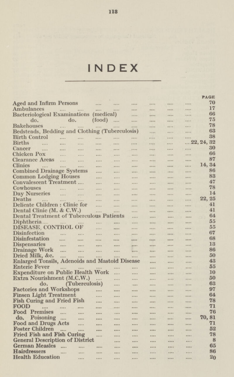 113 INDEX page Aged and Infirm Persons 70 Ambulances 17 Bacteriological Examinations (medical) 66 do. do. (food) 75 Bakehouses 78 Bedsteads, Bedding and Clothing (Tuberculosis) 63 Birth Control 38 Births 22, 24, 32 Cancer 30 Chicken Pox 66 Clearance Areas 87 Clinics 14, 34 Combined Drainage Systems 86 Common Lodging Houses 83 Convalescent Treatment47 Cowhouses 78 Day Nurseries 14 Deaths 22, 25 Delicate Children: Clinic for 41 Dental Clinic (M. & C.W.) 41 Dental Treatment of Tuberculous Patients 64 Diphtheria 55 DISEASE, CONTROL OF 55 Disinfection 67 Disinfestation 68 Dispensaries 13 Drainage Work 86 Dried Milk, &c 50 Enlarged Tonsils, Adenoids and Mastoid Disease 43 Enteric Fever 55 Expenditure on Public Health Work 10 Extra Nourishment (M.C.W.) 50 do. (Tuberculosis) 63 Factories and Workshops 97 Finsen Light Treatment 64 Fish Curing and Fried Fish 78 FOOD 71 Food Premises 76 do. Poisoning 70,81 Food and Drugs Acts 71 Foster Children 52 Fried Fish and Fish Curing 78 General Description of District 8 German Measles 65 Hairdressers 86 Health Education 20