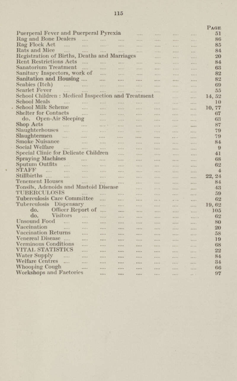 115 Page Puerperal Fever and Puerperal Pyrexia 51 Rag and Bone Dealers 86 Rag Flock Act 85 Rats and Mice 84 Registration of Births, Deaths and Marriages 20 Rent Restrictions Acts 84 Sanatorium Treatment 63 Sanitary Inspectors, work of 82 Sanitation and Housing 82 Scabies (Itch) 69 Scarlet Fever 55 School Children: Medical Inspection and Treatment 14, 52 School Meals 10 . School Milk Scheme 10, 77 Shelter for Contacts 67 do. Open-Air Sleeping 63 Shop Acts 87 Slaughterhouses 79 Slaughtermen 79 Smoke Nuisance 84 Social Welfare 9 Special Clinic for Delicate Children 41 Spraying Machines 68 Sputum Outfits 62 STAFF 4 Stillbirths 22, 24 Tenement Houses 84 Tonsils, Adenoids and Mastoid Disease 43 TUBERCULOSIS 59 Tuberculosis Care Committee 62 Tuberculosis Dispensary 19, 62 do. Officer Report of 105 do. Visitors 62 Unsound Food 80 Vaccination 20 Vaccination Returns 58 Venereal Disease 19 Verminous Conditions 68 VITAL STATISTICS 22 Water Supply 84 Welfare Centres 34 Whooping Cough 66 Workshops and Factories 97