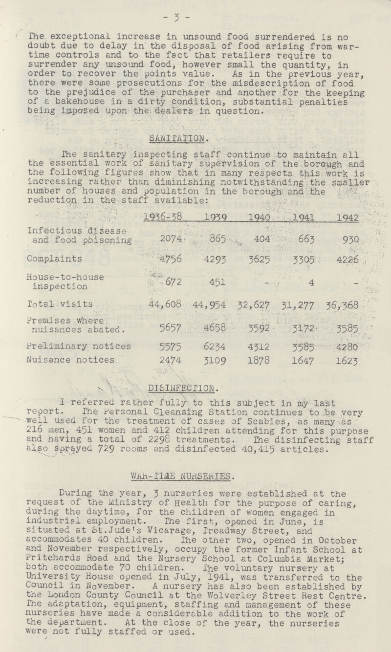 - 3 - Ihe exceptional increase in unsound food surrendered is no doubt due to delay in the disposal of food arising from war tine controls and to the fact that retailers require to surrender any unsound food, however small the quantity, in order to recover the points value. As in the previous year, there were some prosecutions for the misdescription of food to the prejudice of the purchaser and another for the keeping of a bakehouse in a dirty condition, substantial penalties being imposed upon the dealers in question. SANITATION. Ihe sanitary inspecting staff continue to maintain all the essential work of sanitary supervision of the borough and the following figures show that in many respects this work is increasing rather than diminishing notwithstanding the smaller number of houses and population in the borough- and the reduction in the staff available: 1956-38 1059 1940. 1941 1942 Infectious disease and food pbisoning 2074 865 404 663 950 Complaints 4756 4295 3625 5505 4226 House-to-house inspection 672 451 - 4 - Total visits 44,608 44,954 52,627 51,277 56,368 Premises where nuisances abated. 5657 4658 3592 3172 5585 Preliminary notices 5575 6254 4512 5585 4280 Nuisance notices 2474 5109 1878 1647 1625 DISINFECTION. I referred rather fully to this subject in my last report. The Personal Cleansing Station continues to be very well used for the treatment of cases of Scabies, as many as 216 men, 451 women and 412 children attending for this purpose and having a total of 2298 treatments. The disinfecting staff also sprayed 729 rooms and disinfected 40,415 articles. WAR-TIME NURSERIES. During the year, 5 nurseries were established at the request of the Ministry of Health for the purpose of caring, during the daytime, for the children of women engaged in industrial employment. Ihe first, opened in June, is situated at St.Jude's Vicarage, Ireadway Street, and accommodates 40 children. The other two, opened in October and November respectively, occupy the former Infant School at Pritchards Road and the Nursery School at Columbia Market; both accommodate 70 children. The voluntary nursery at University House opened in July, 1941, was transferred to the Council in November. A nursery has also been established by the London County Council at the Wolverley Street Rest Centre. Ihe adaptation, equipment, staffing and management of these nurseries have made a considerable addition to the work of the department. At the close of the year, the nurseries were not fully staffed or used. /