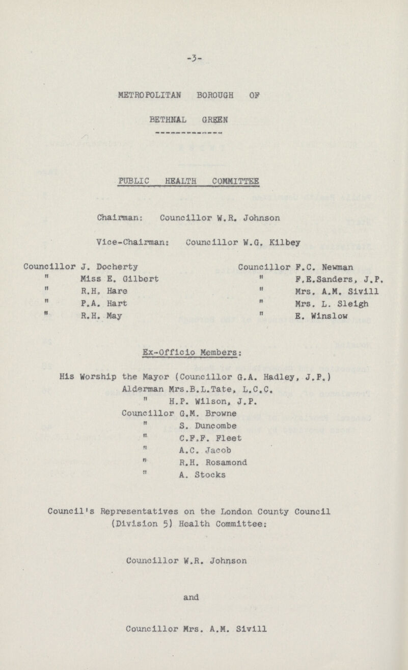 -3- METROPOLITAN BOROUGH OF BETHHAL GREEN PUBLIC HEALTH COMMITTEE Chairman: Councillor W.R. Johnson Vice-Chairman: Councillor W.G. Kilbey Councillor J. Docherty  Miss E. Gilbert  R.H. Hare  P.A. Hart  R.H. May Councillor P.C. Newman  F.E.Sanders, J.P.  Mrs. A.M. Sivill  Mrs. L. Sleigh  E. Winslow Ex-Officio Members: His Worship the Mayor (Councillor G.A. Hadley, J.P.) Alderman Mrs.B.L.Tate, L.C.C.  H.P. Wilson, J.P. Councillor G.M. Browne  S. Duncombe  C.F.F. Fleet  A.C. Jacob  R.H. Rosamond  A. Stocks Council's Representatives on the London County Council (Division 5) Health Committee: Councillor W.R. Johnson and Councillor Mrs. A.M. Sivill
