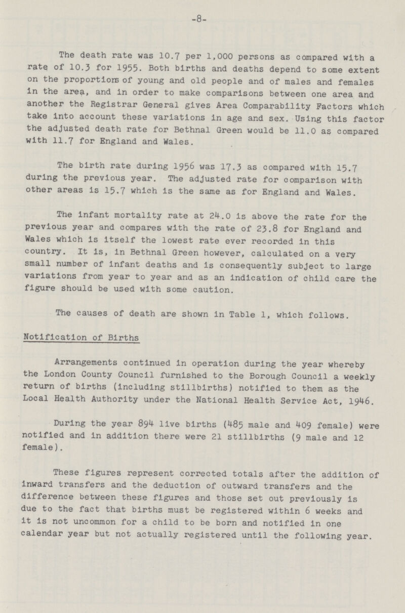 -8- The death rate was 10.7 per 1,000 persons as compared with a rate of 10.3 for 1955. Both births and deaths depend to some extent on the proportion; of young and old people and of males and females in the area, and in order to make comparisons between one area and another the Registrar General gives Area Comparability Factors which take into account these variations in age and sex. Using this factor the adjusted death rate for Bethnal Green would be 11.0 as compared with 11.7 for England and Wales. The birth rate during 1956 was 17.3 as compared with 15.7 during the previous year. The adjusted rate for comparison with other areas 1s 15.7 which is the same as for England and Wales. The infant mortality rate at 24.0 is above the rate for the previous year and compares with the rate of 23.8 for England and Wales which is itself the lowest rate ever recorded in this country. It is, in Bethnal Green however, calculated on a very small number of infant deaths and is consequently subject to large variations from year to year and as an indication of child care the figure should be used with some caution. The causes of death are shown in Table 1, which follows. Notification of Births Arrangements continued in operation during the year whereby the London County Council furnished to the Borough Council a weekly return of births (including stillbirths) notified to them as the Local Health Authority under the National Health Service Act, 1946. During the year 894 live births (485 male and 409 female) were notified and in addition there were 21 stillbirths (9 male and 12 female). These figures represent corrected totals after the addition of inward transfers and the deduction of outward transfers and the difference between these figures and those set out previously is due to the fact that births must be registered within 6 weeks and it is not uncommon for a child to be born and notified in one calendar year but not actually registered until the following year.