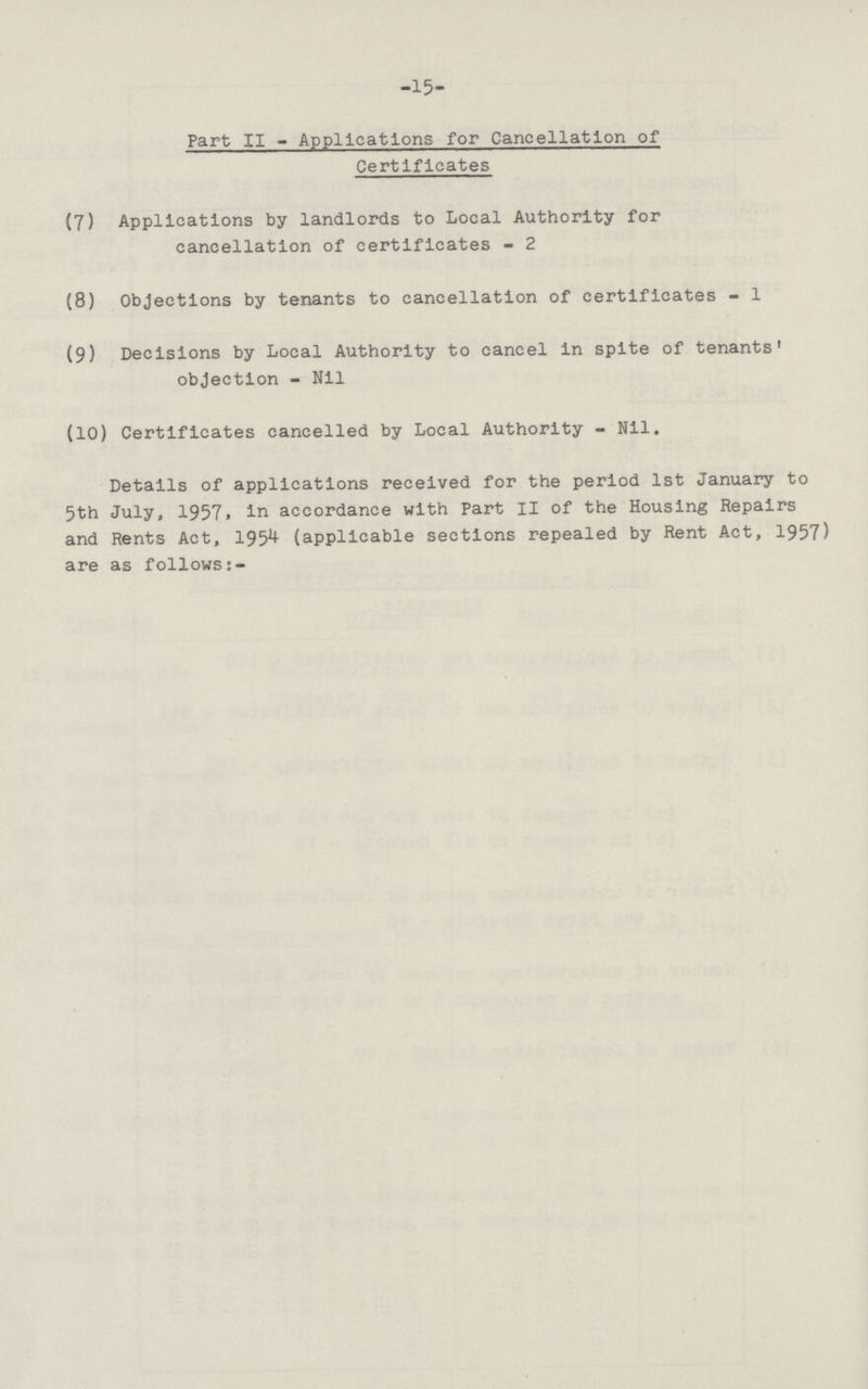 -15- Part II - Applications for Cancellation of Certificates (7) Applications by landlords to Local Authority for cancellation of certificates - 2 (8) Objections by tenants to cancellation of certificates - 1 (9) Decisions by Local Authority to cancel in spite of tenants' objection - Nil (10) Certificates cancelled by Local Authority - Nil. Details of applications received for the period 1st January to 5th July, 1957. in accordance with Part II of the Housing Repairs and Rents Act, 1954 (applicable sections repealed by Rent Act, 1957) are as follows:-