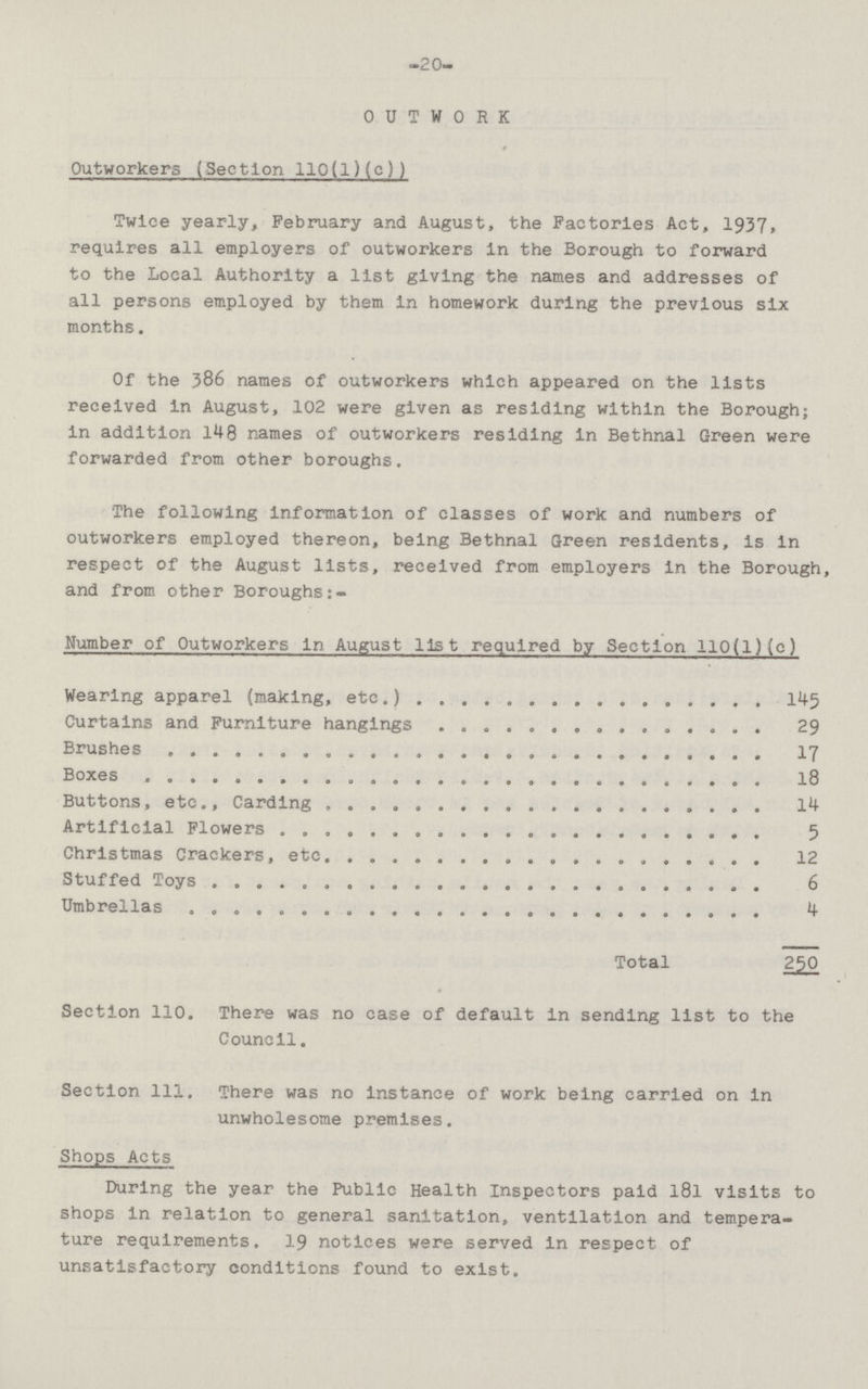 -20- OUTWORK Outworkers (Section 110(l)(c)) Twice yearly, February and August, the Factories Act, 1937. requires all employers of outworkers In the Borough to forward to the Local Authority a list giving the names and addresses of all persons employed by them in homework during the previous six months. Of the 386 names of outworkers which appeared on the lists received in August, 102 were given as residing within the Borough in addition 148 names of outworkers residing in Bethnal Green were forwarded from other boroughs. The following Information of classes of work and numbers of outworkers employed thereon, being Bethnal Green residents, is in respect of the August lists, received from employers in the Borough, and from other Boroughs Number of Outworkers in August list required by Section 110(1)(c) Wearing apparel (making,etc.) 145 Curtains and Furniture hangings 29 Brushes 17 Boxes 18 Buttons, etc., Carding 14 Artificial Flowers 5 Christmas Crackers, etc. 12 Stuffed Toys 6 Umbrellas 4 Total 250 Section 110. There was no case of default in sending list to the Council. Section 111. There was no instance of work being carried on in unwholesome premises. Shops Acts During the year the Public Health Inspectors paid l8l visits to shops in relation to general sanitation, ventilation and tempera ture requirements. 19 notices were served in respect of unsatisfactory conditions found to exist.