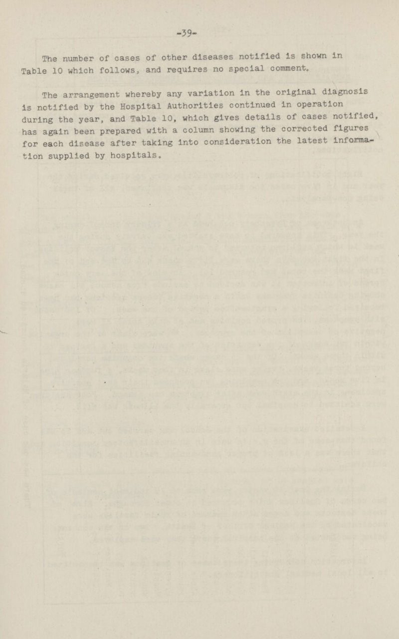 39 The number of cases of other diseases notified is shown in Table 10 which follows, and requires no special comment. The arrangement whereby any variation in the original diagnosis is notified by the Hospital Authorities continued in operation during the year, and Table 10, which gives details of cases notified, has again been prepared with a column showing the corrected figures for each disease after taking into consideration the latest informa tion supplied by hospitals.