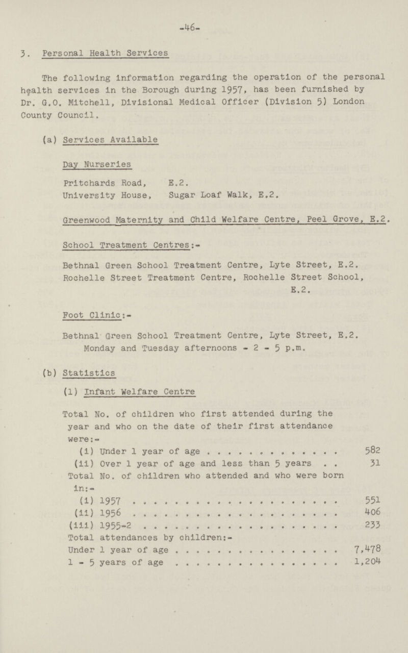46 3. Personal Health Services The following Information regarding the operation of the personal health services In the Borough during 1957. has been furnished by Dr. G.O. Mitchell, Divisional Medical Officer (Division 5) London County Council. (a) Services Available Day Nurseries Pritchards Road, E.2. University House, Sugar Loaf Walk, E.2. Greenwood Maternity and Child Welfare Centre, Peel Grove, E.2. School Treatment Centres:- Bethnal Green School Treatment Centre, Lyte Street, E.2. Rochelle Street Treatment Centre, Rochelle Street School, E.2. Foot Clinic:- Bethnal Green School Treatment Centre, Lyte Street, E.2. Monday and Tuesday afternoons - 2 - 5 P.m. (b) Statistics (1) Infant Welfare Centre Total No. of children who first attended during the year and who on the date of their first attendance were:- (i) Under 1 year of age 582 (ii) Over 1 year of age and less than 5 years 31 Total No. of children who attended and who were born in:- (i) 1957 551 (ii) 1956 4o6 (iii) 1955-2 233 Total attendances by children:- Under 1 year of age 7,478 1-5 years of age 1,204