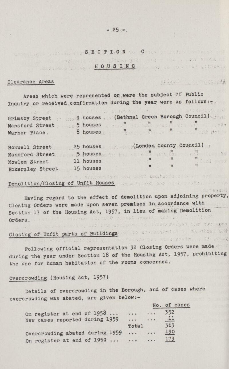 25 SECTION C HOUSING Clearance Areas Areas which were represented or were the subject of Public Inquiry or received confirmation during the year were as follows Grimsby Street 9 houses (Bethnal Green Borough Council) Mansford Street 5 houses „ „ „ „ Warner Place 8 houses „ „ „ „ Bonwell Street 25 houses (London County Council) Mansford Street 5 houses „ „ „ „ Mowlem Street 11 houses „ „ „ Eckersley Street 15 houses „ „ „ Demolition/Closing of Unfit Houses Having regard to the effect of demolition upon adjoining property, Closing Orders were made upon seven premises in accordance with Section 17 of the Housing Act, 1957. in lieu of making Demolition Orders. Closing of Unfit parts of Buildings Following official represention 32 Closing Orders were made during the year under Section 18 of the Housing Act, 1957. prohibiting the use for human habitation of the rooms concerned. Overcrowding (Housing Act, 1957) Details of overcrowding in the Borough, and of cases where overcrowding was abated, are given below:- No. of cases On register at end of 1958 352 New cases reported during 1959 11 Total 363 Overcrowding abated during 1959 190 On register at end of 1959 173