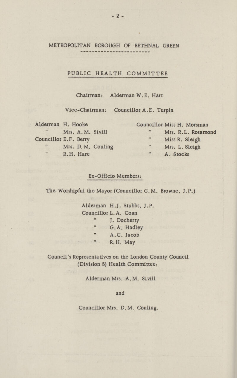 2 METROPOLITAN BOROUGH OF BETHNAL GREEN PUBLIC HEALTH COMMITTEE Chairman: Alderman W.E. Hart Vice-Chairman: Councillor A.E. Turpin Alderman H. Hooke „ Mrs. A.M. Sivill Councillor E.F. Berry „ Mrs. D. M. Couling „ R.H. Hare Councillor Miss H. Morsman „ Mrs. R.L. Rosamond „ Miss R. Sleigh „ Mrs. L. Sleigh „ A. Stocks Ex-Officio Members: The Worshipful the Mayor (Councillor G.M. Browne, J. P.) Alderman H.J. Stubbs, J.P. Councillor L. A. Coan „ J. Docherty „ G.A. Hadley „ A.C. Jacob „ R.H. May Council's Representatives on the London County Council (Division 5) Health Committee: Alderman Mrs. A.M. Sivill and Councillor Mrs. D. M. Couling.